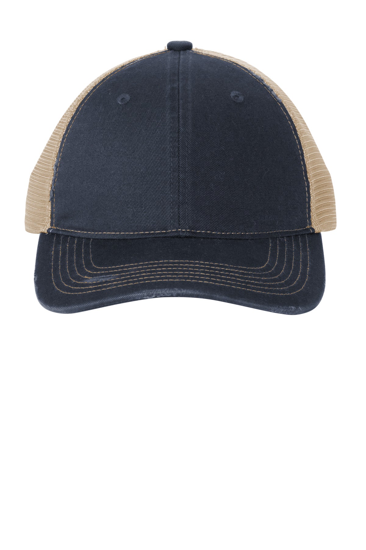 100% cotton twill front panels100% soft polyester mesh mid and back panelsDistressed edging at the b
