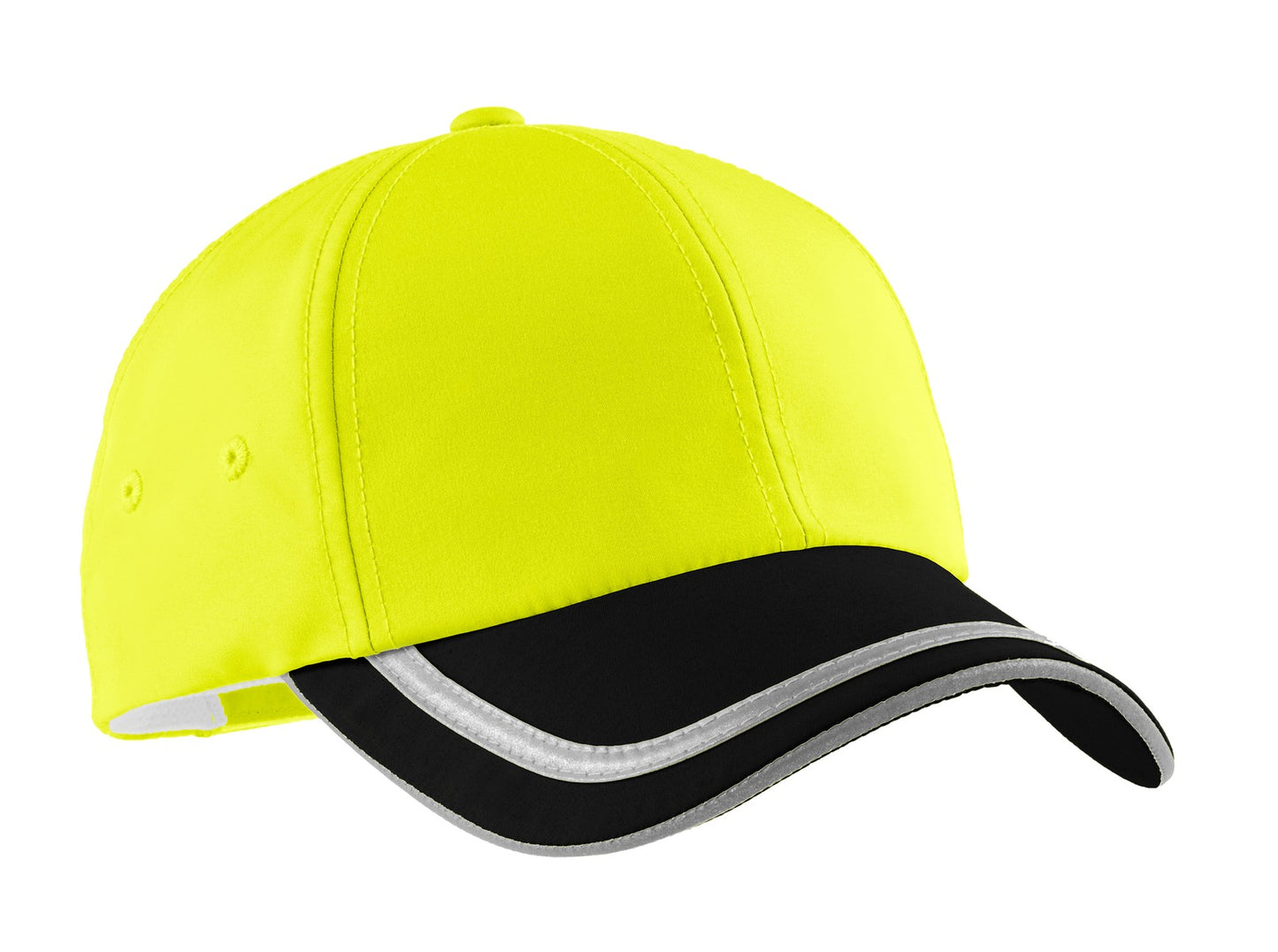 This cap has reflective taping in the sandwich top of bill back crown and closure. Features a moistu