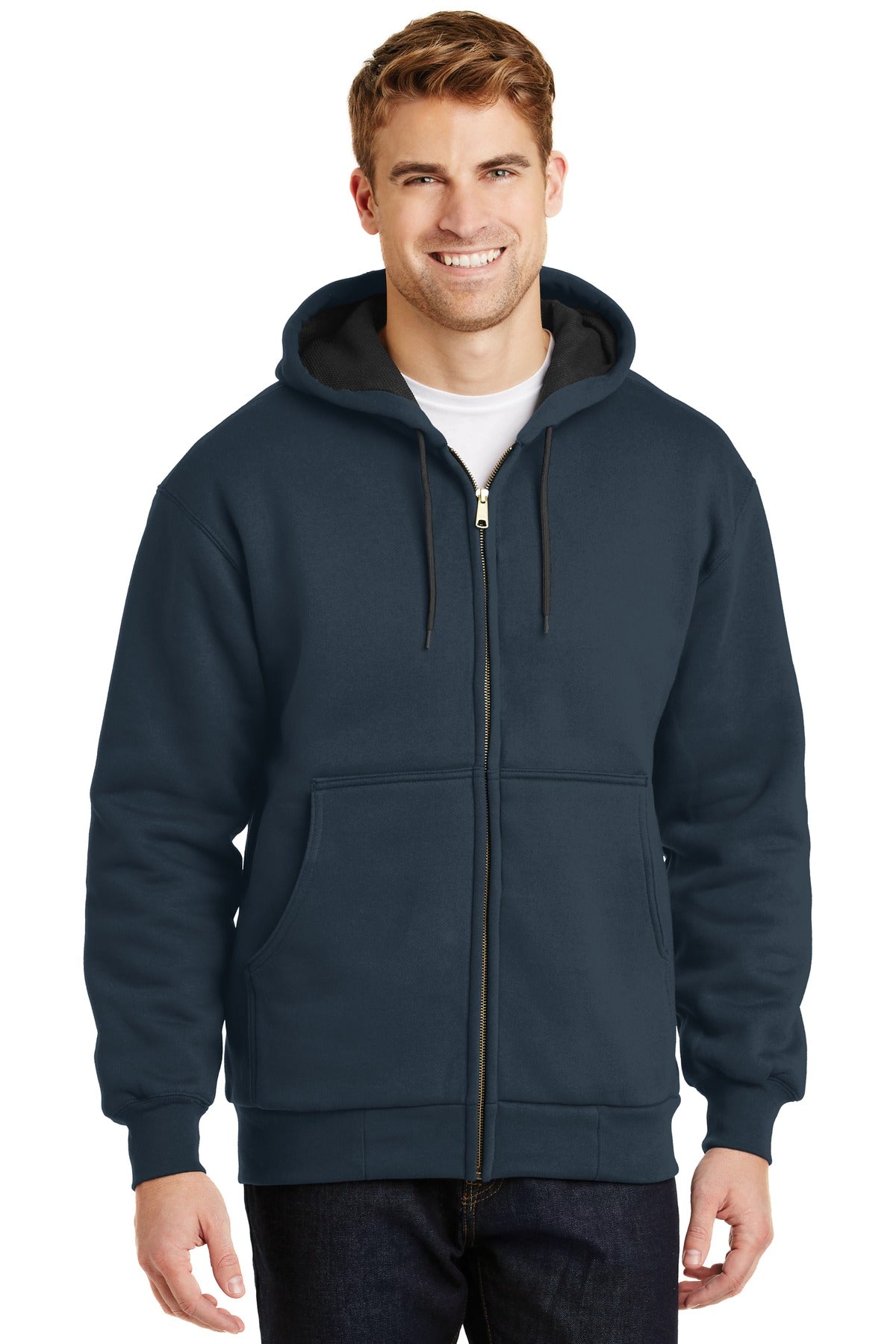 This durable hooded sweatshirt has a thermal lining to help - Navy