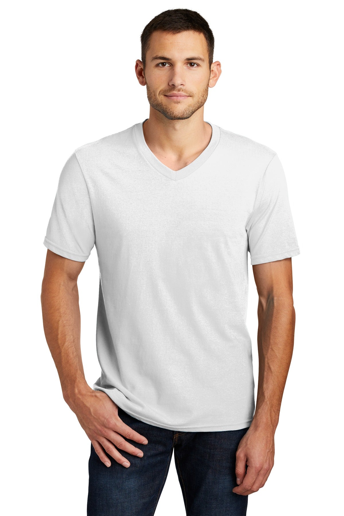 This v-neck delivers important style. 4.3-ounce 100% combed - White