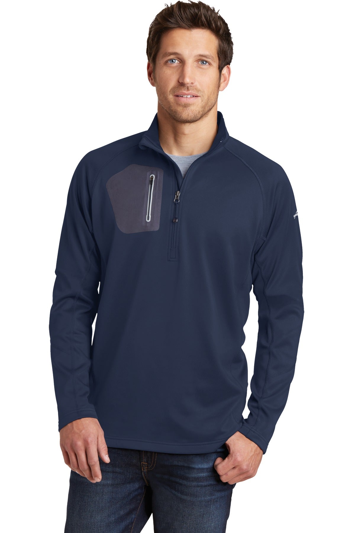 Smooth-faced fleece with a subtle grey print gives this 1/2- - River Blue Navy