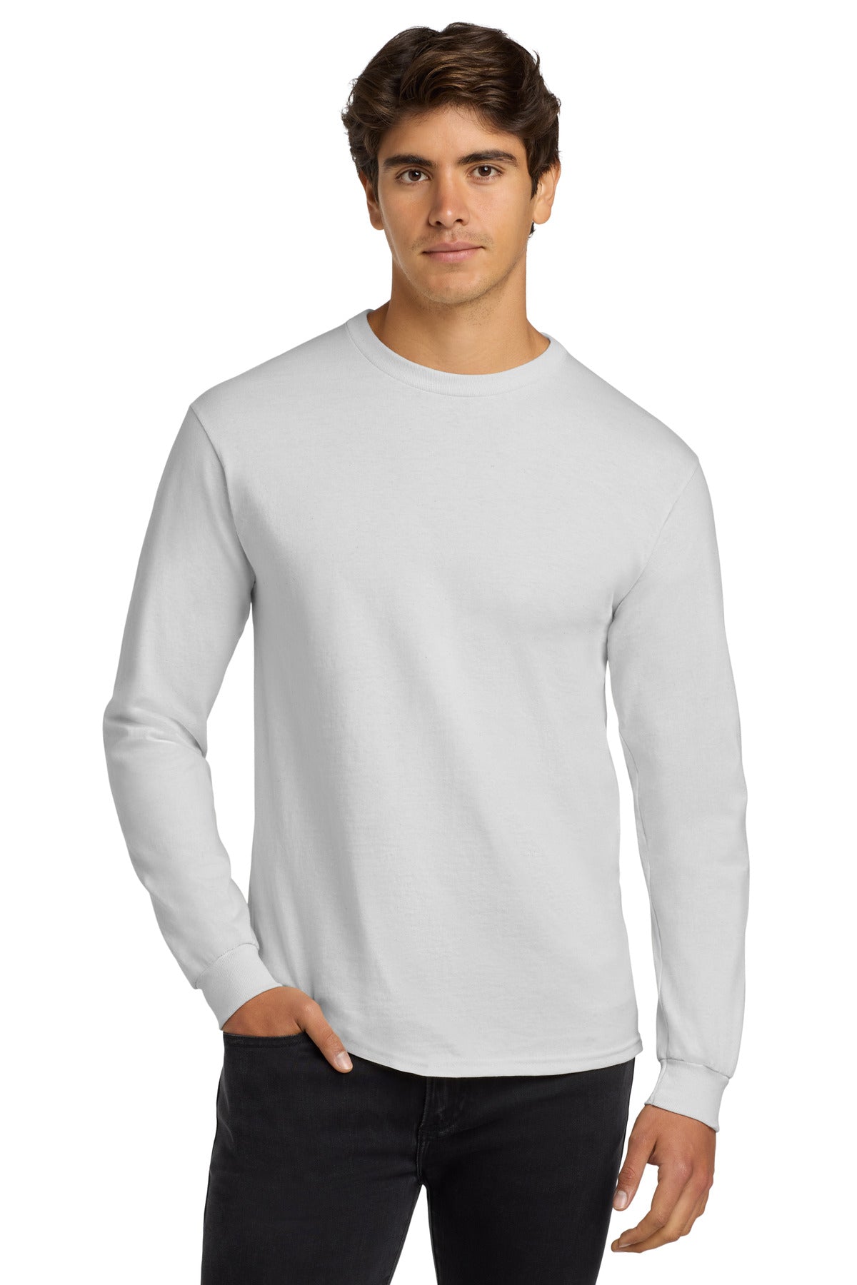 6-ounce 100% US cotton50/50 cotton/poly (Dark heather Safety - White