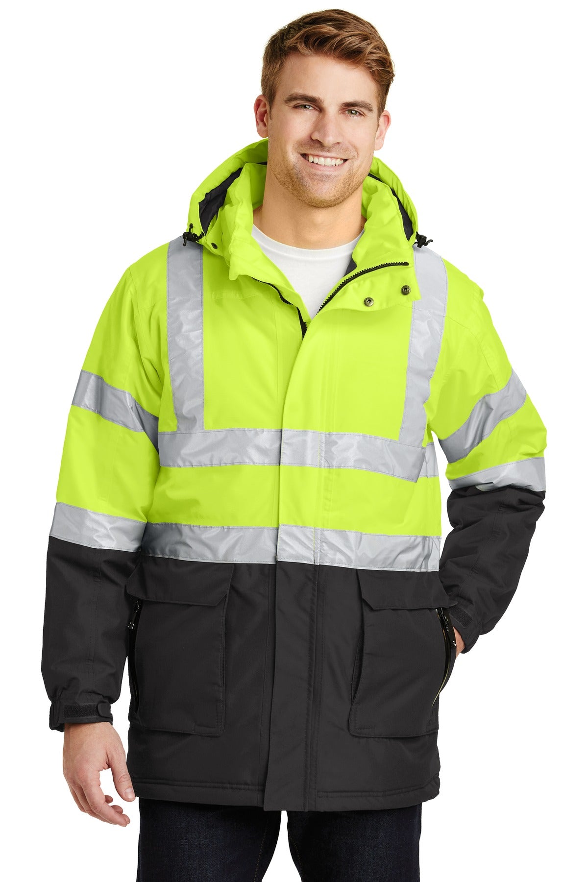 Built for warmth and high visibility this parka can be worn - Safety Yellow/ Black/ Reflective
