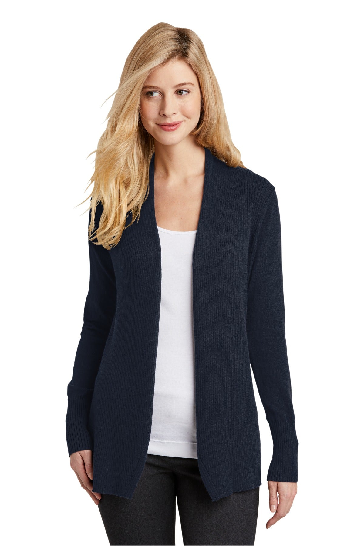 This soft cozy cardigan sweater has a flattering drape and f - Navy