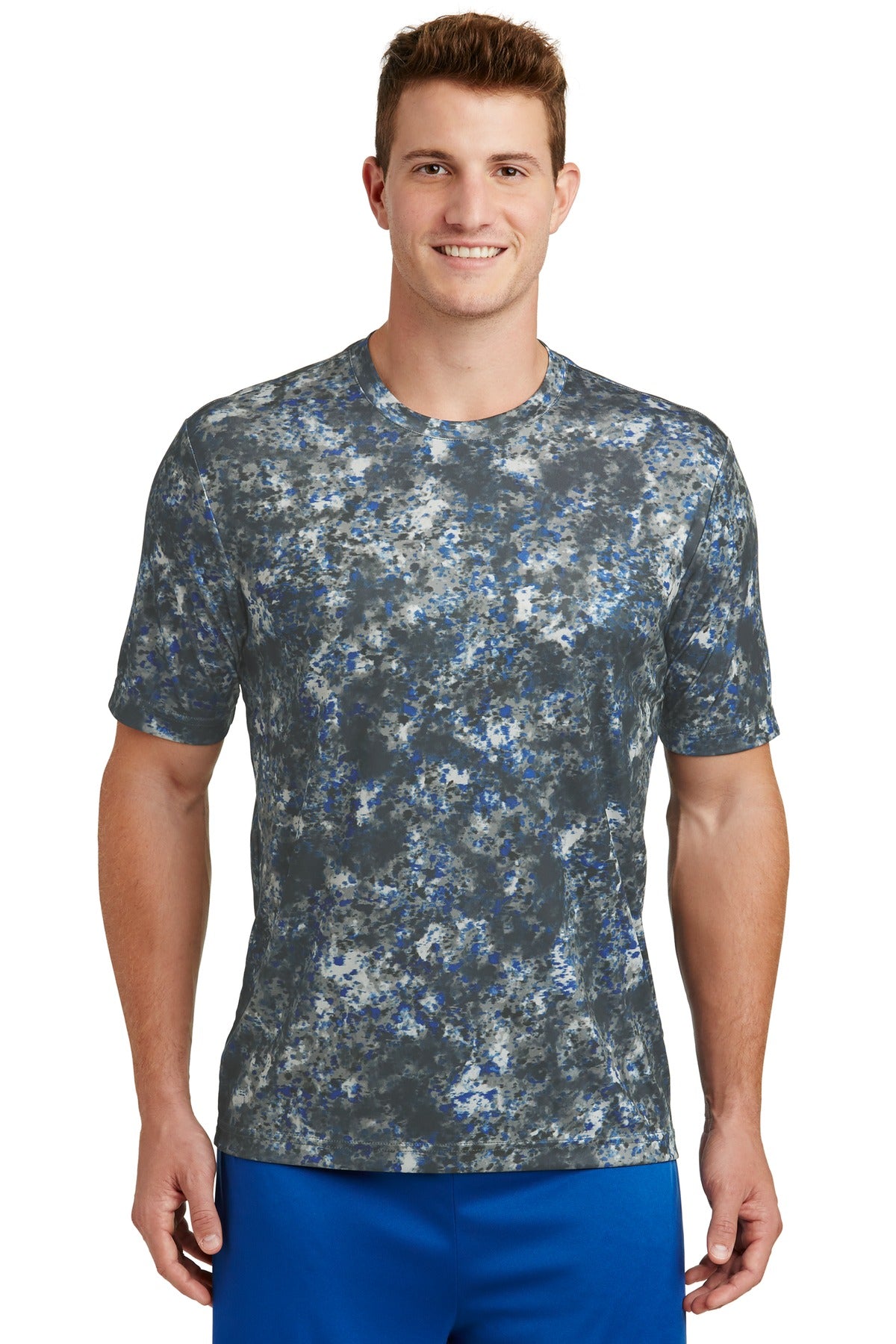 This moisture-wicking tee features an allover sublimated pri - True Royal