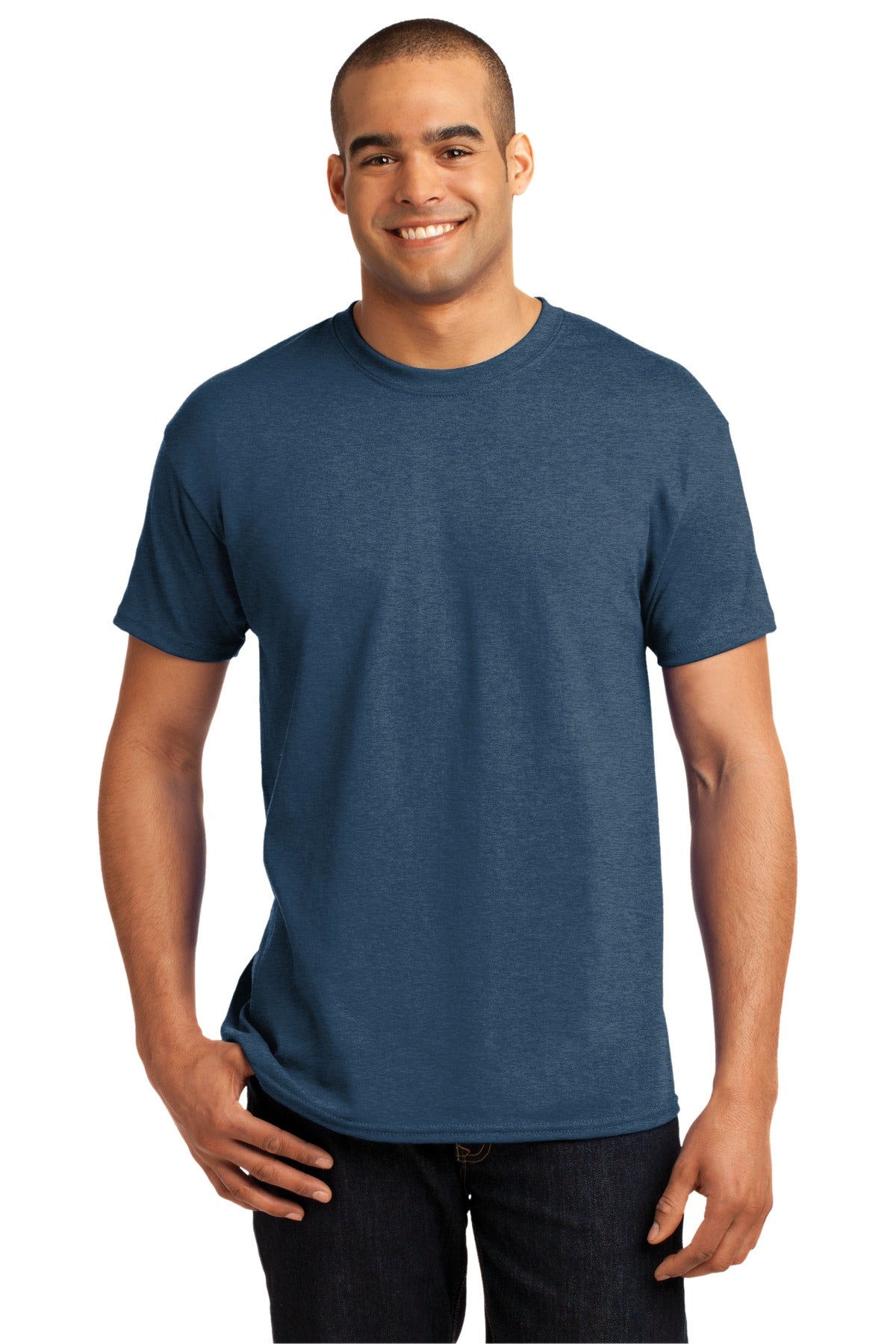 5.2-ounce 50/50 cotton/polyMade with 100% US-grown cottonPol - Heather Blue