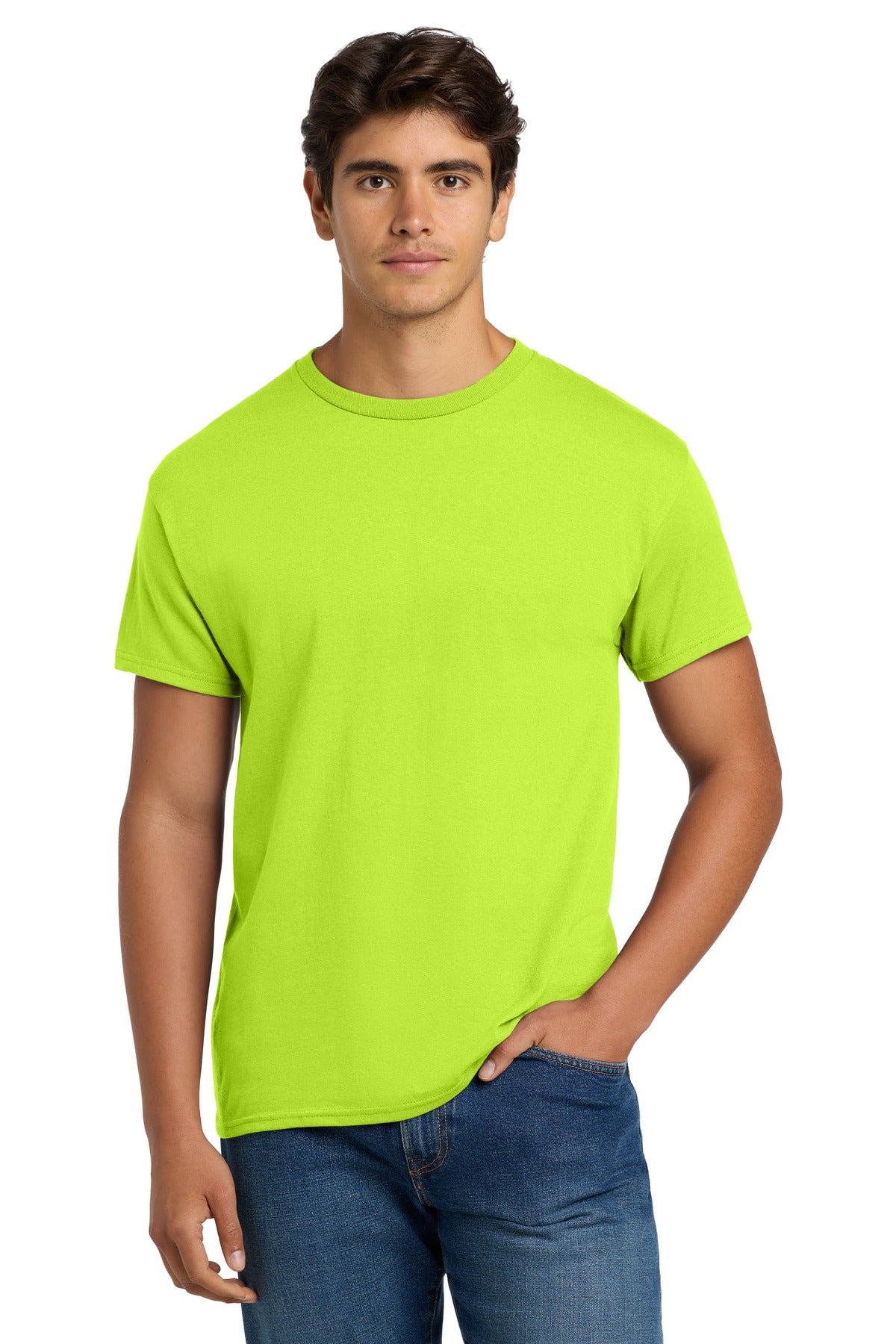 5.2-ounce 50/50 cotton/polyMade with 100% US-grown cottonPol - Safety Green