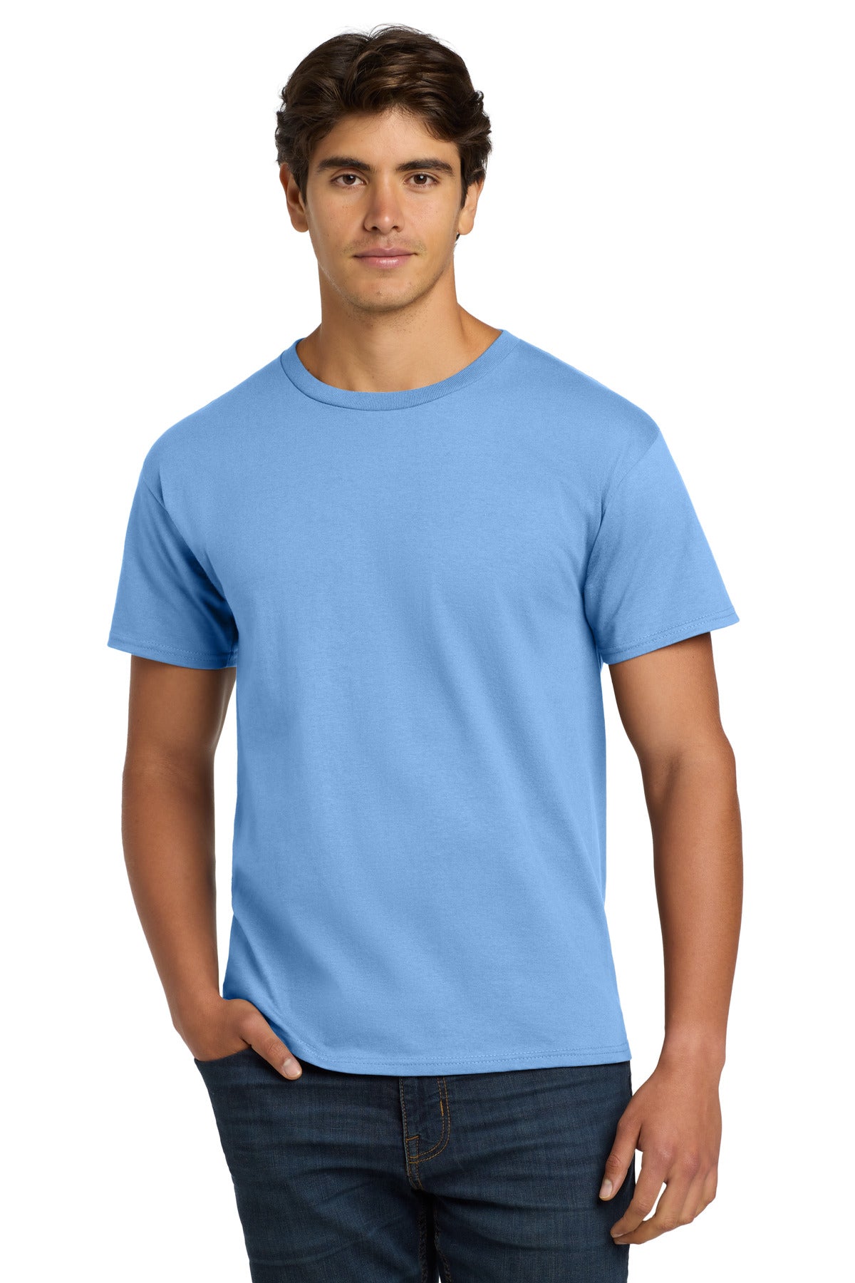 6-ounce 100% cotton 99/1 cotton/poly (Ash)60/40 cotton/poly  - Carolina Blue