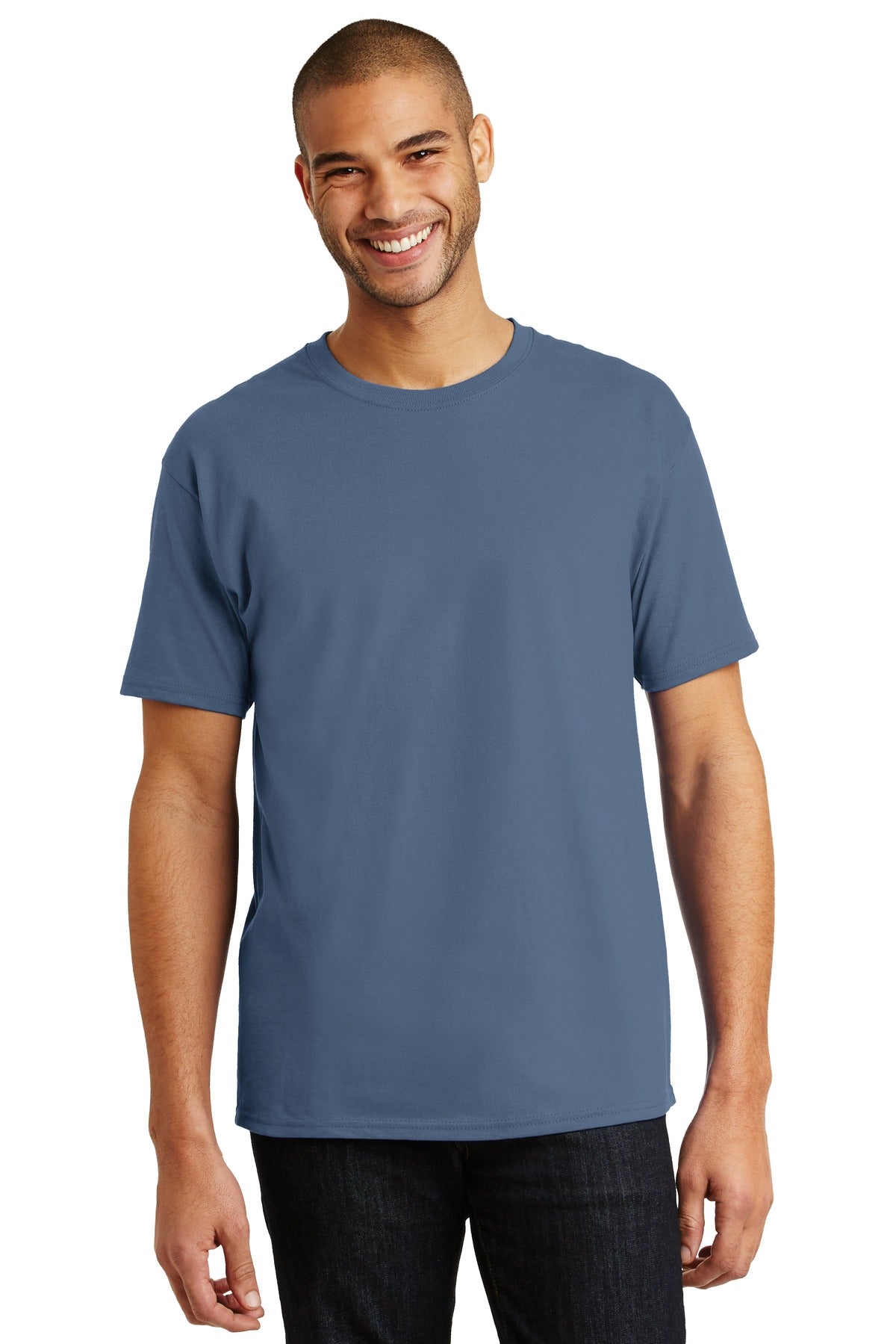 6-ounce 100% cotton 99/1 cotton/poly (Ash)60/40 cotton/poly  - Denim Blue