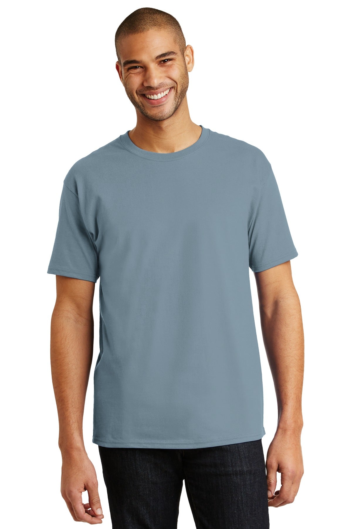6-ounce 100% cotton 99/1 cotton/poly (Ash)60/40 cotton/poly  - Stonewashed Blue