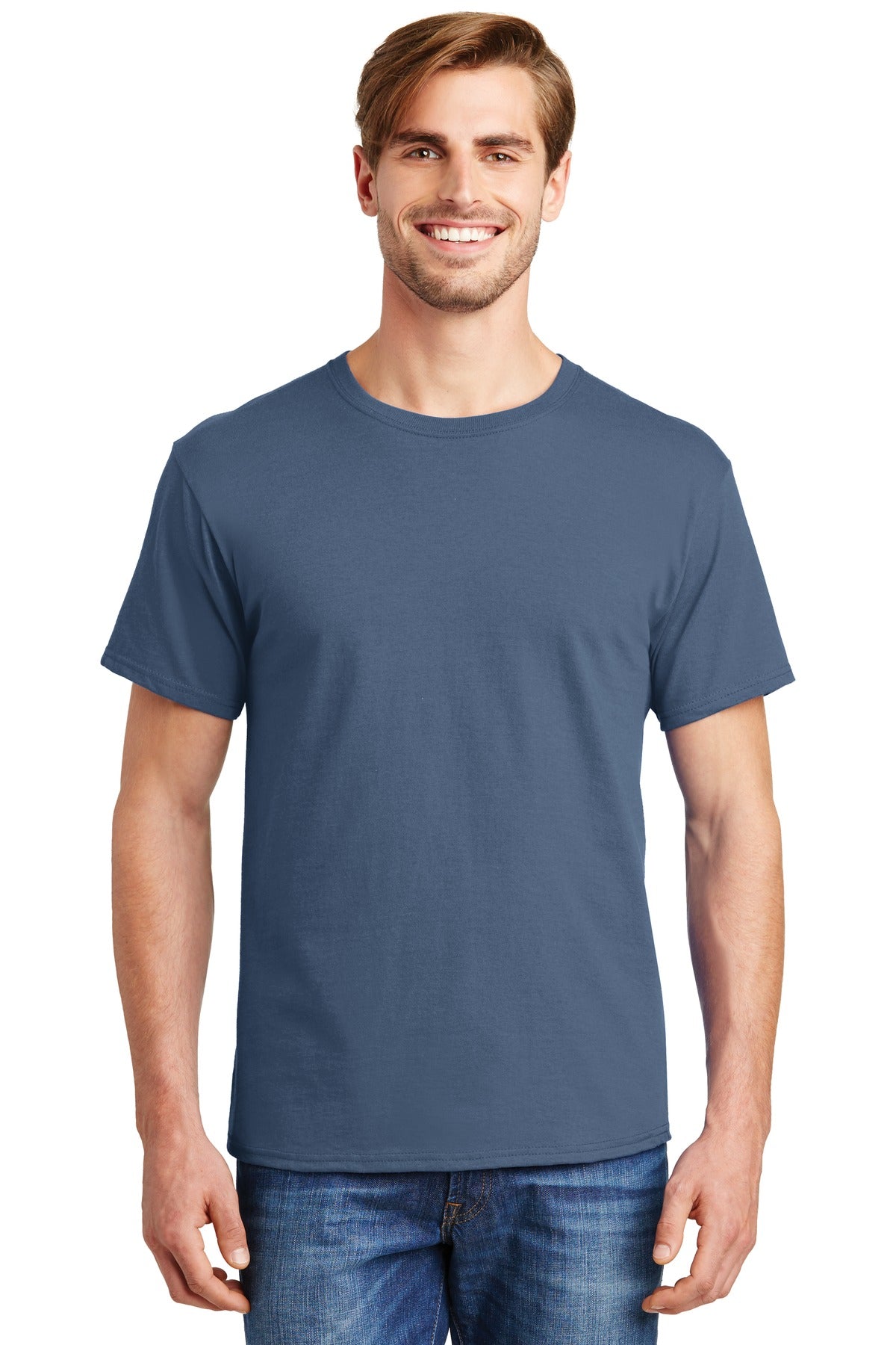 5.2-ounce 100% US-grown cotton99/1 cotton/poly (Ash)90/10 co - Denim Blue