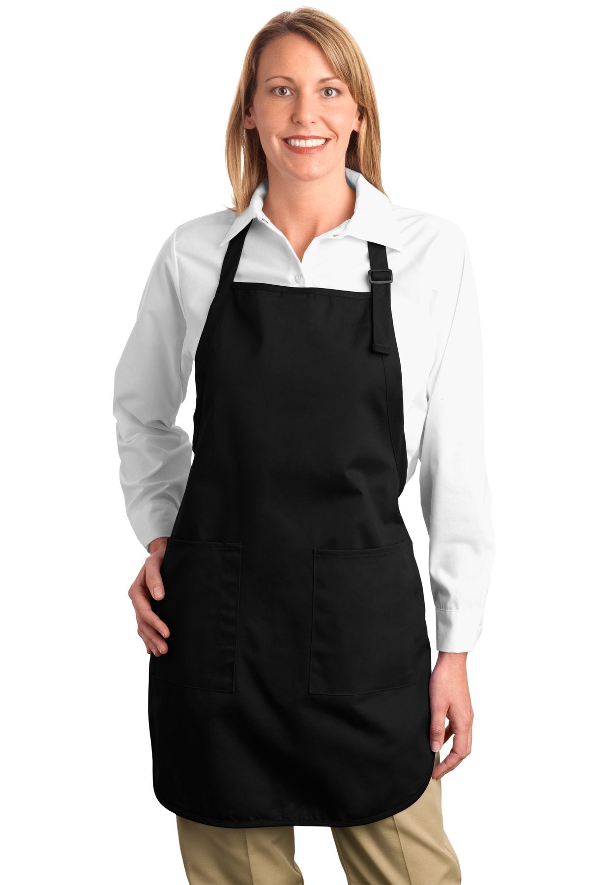 This apron gives you full-length protection.7-ounce 100% cot - Black