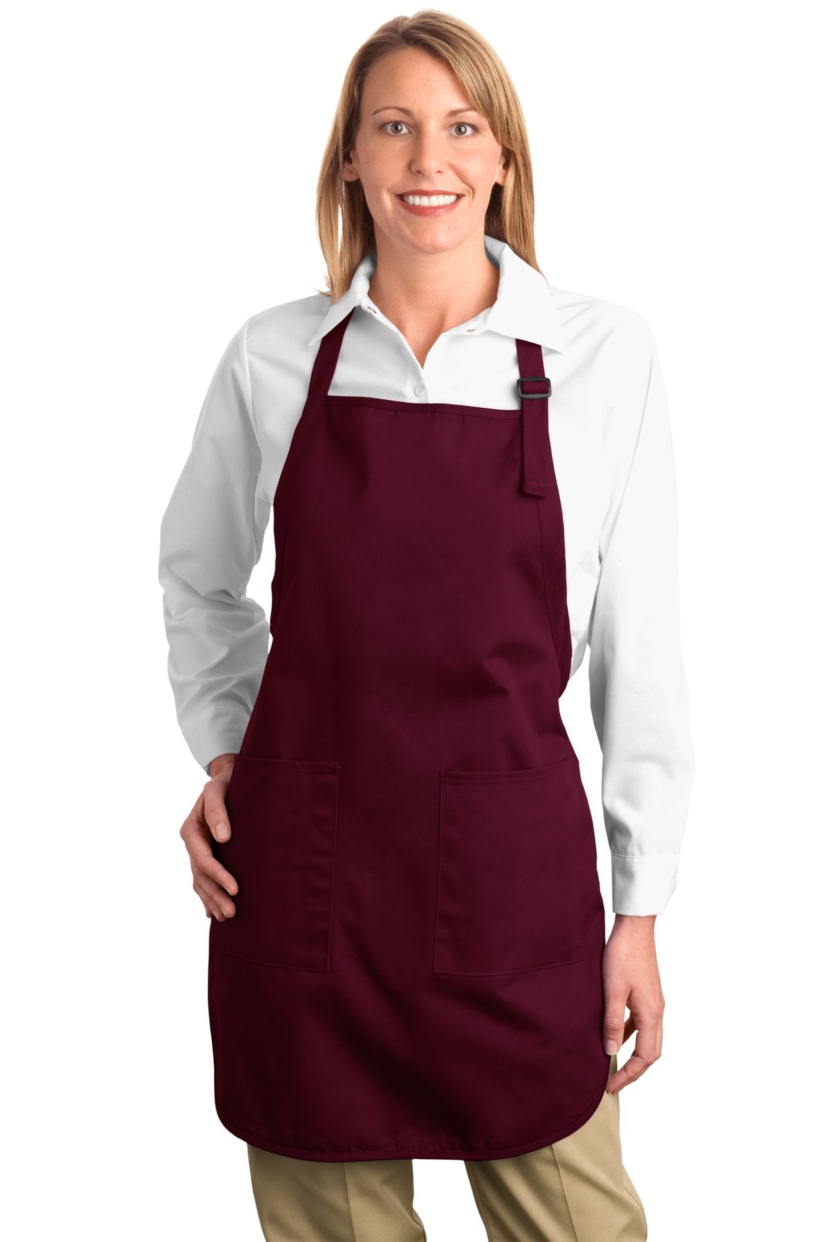 This apron gives you full-length protection.7-ounce 100% cot - Maroon