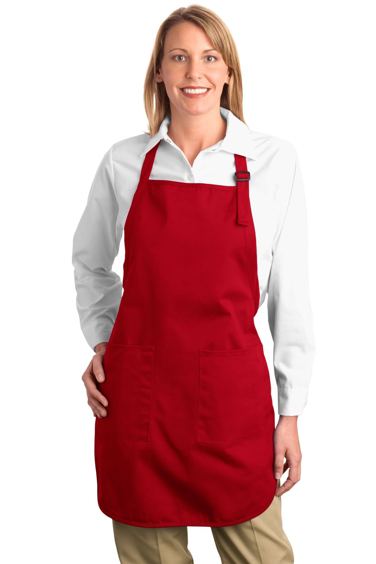 This apron gives you full-length protection.7-ounce 100% cot - Red