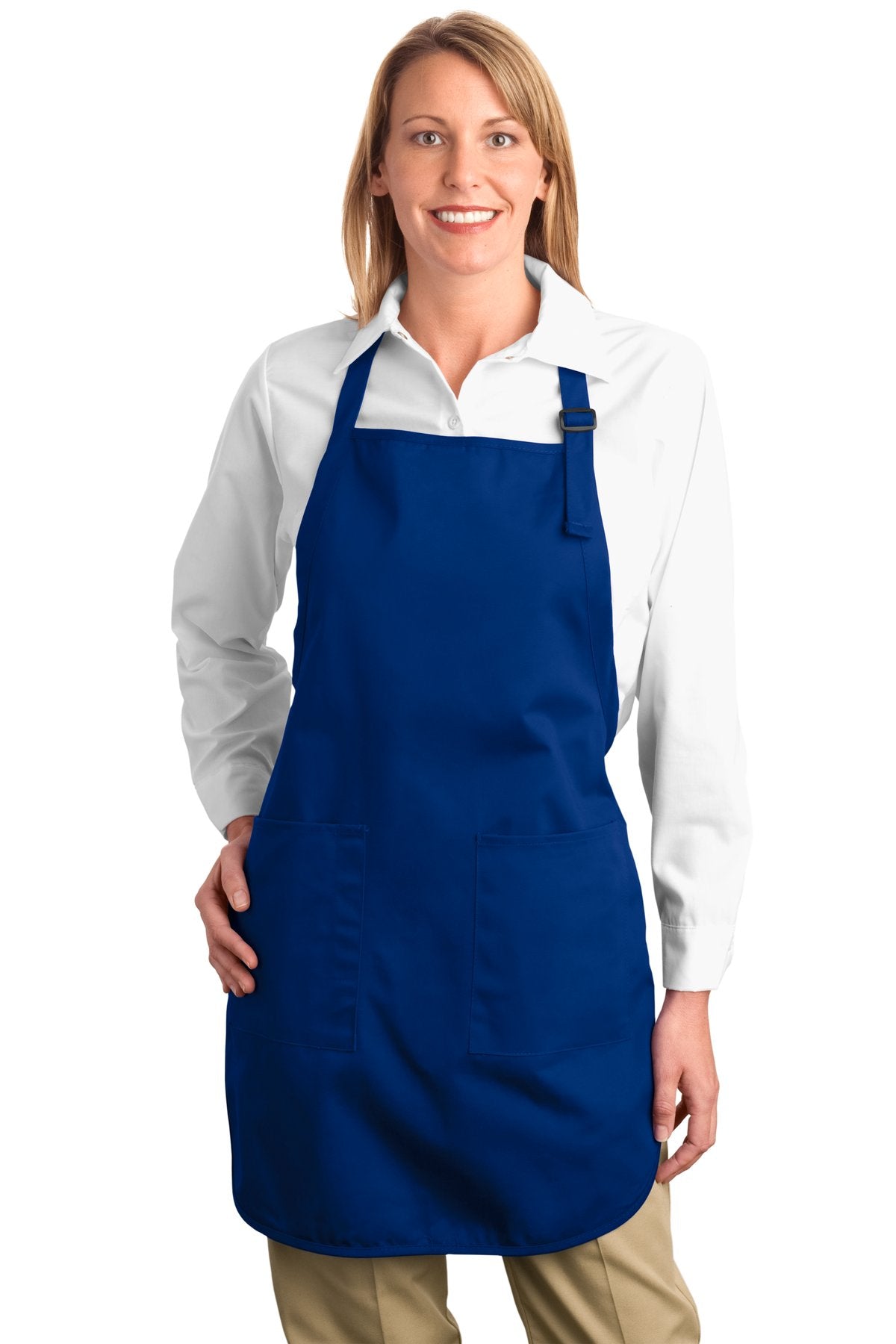 This apron gives you full-length protection.7-ounce 100% cot - Royal