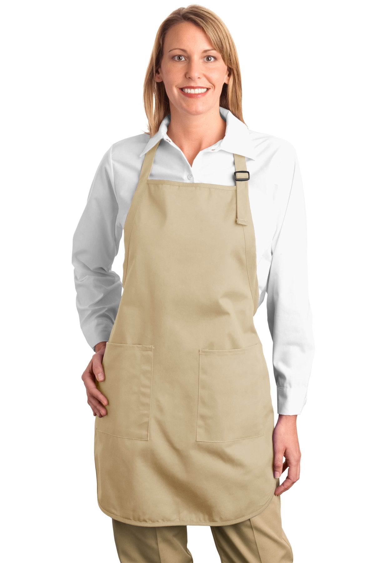 This apron gives you full-length protection.7-ounce 100% cot - Stone