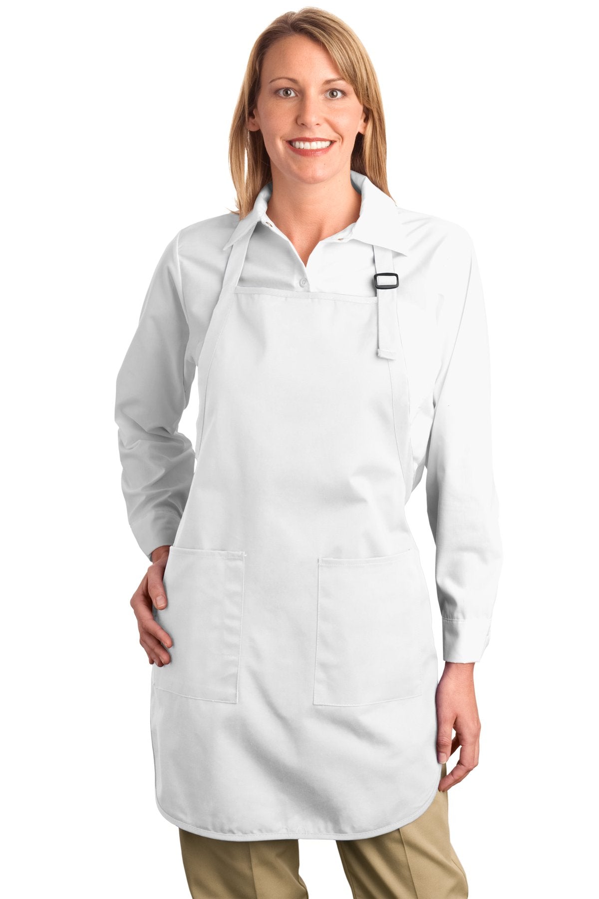 This apron gives you full-length protection.7-ounce 100% cot - White