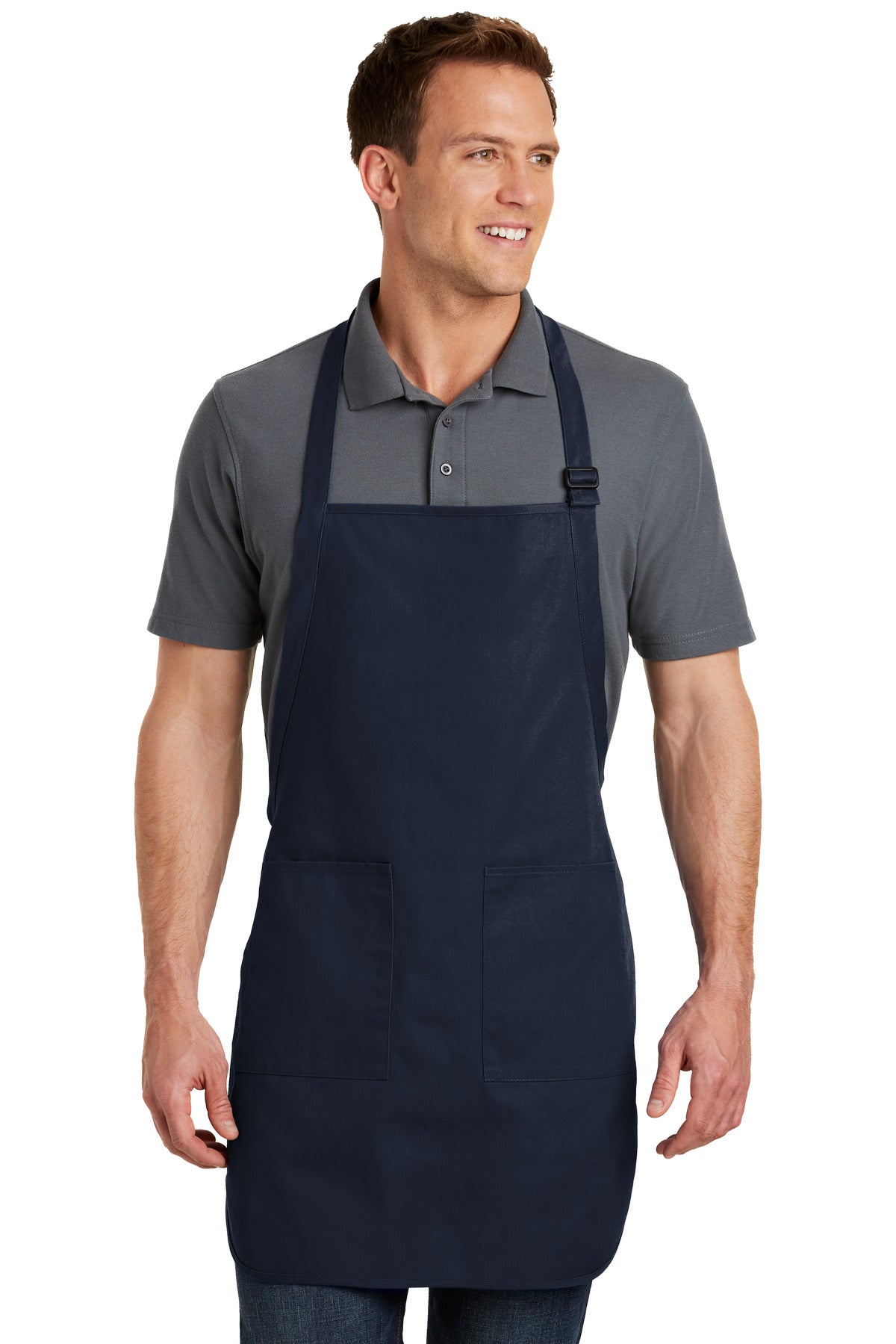 This apron gives you full-length protection.7-ounce 100% cot - Navy