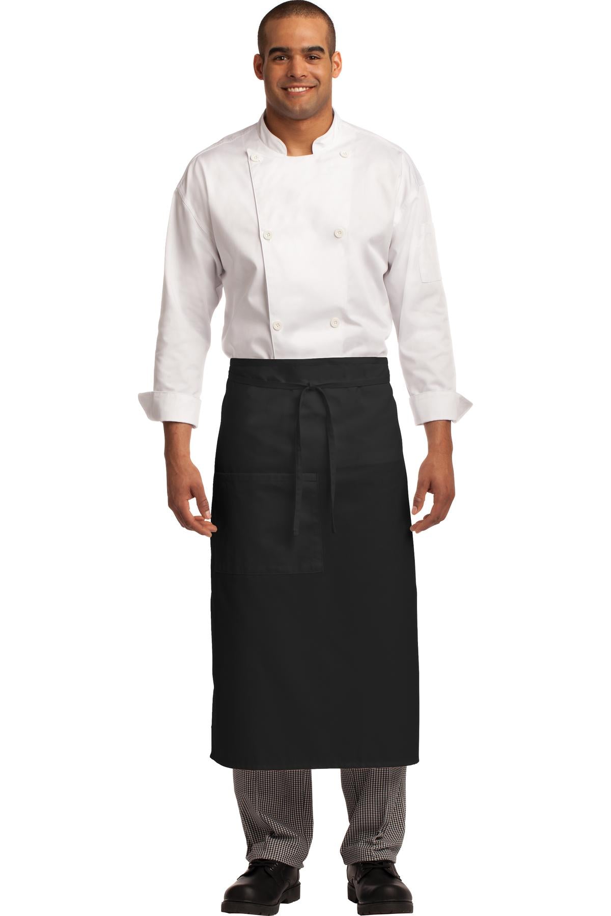 This durable apron has the convenience of an easy care blend - Black
