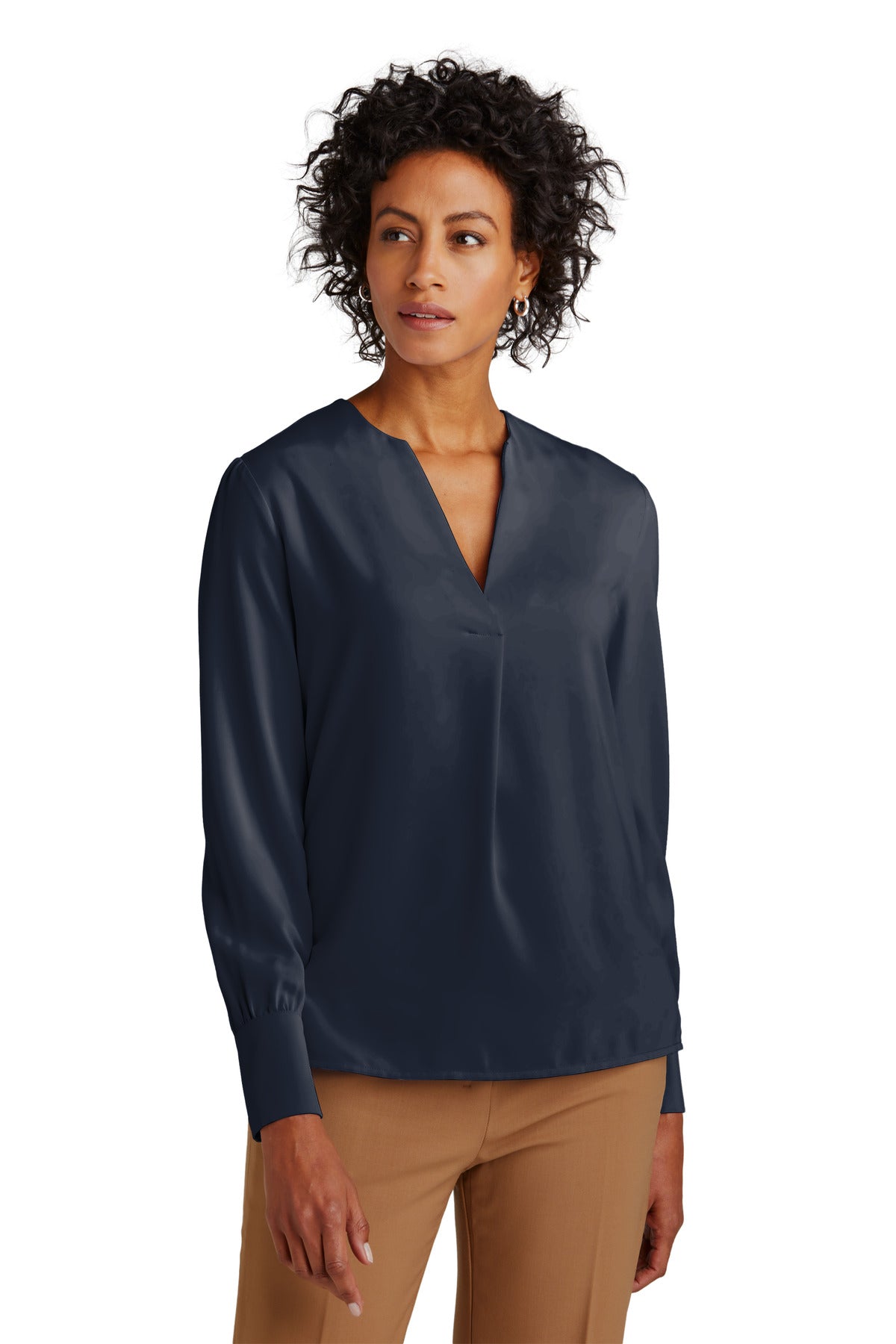 The soft satin fabric of this versatile blouse has a subtle  - Night Navy
