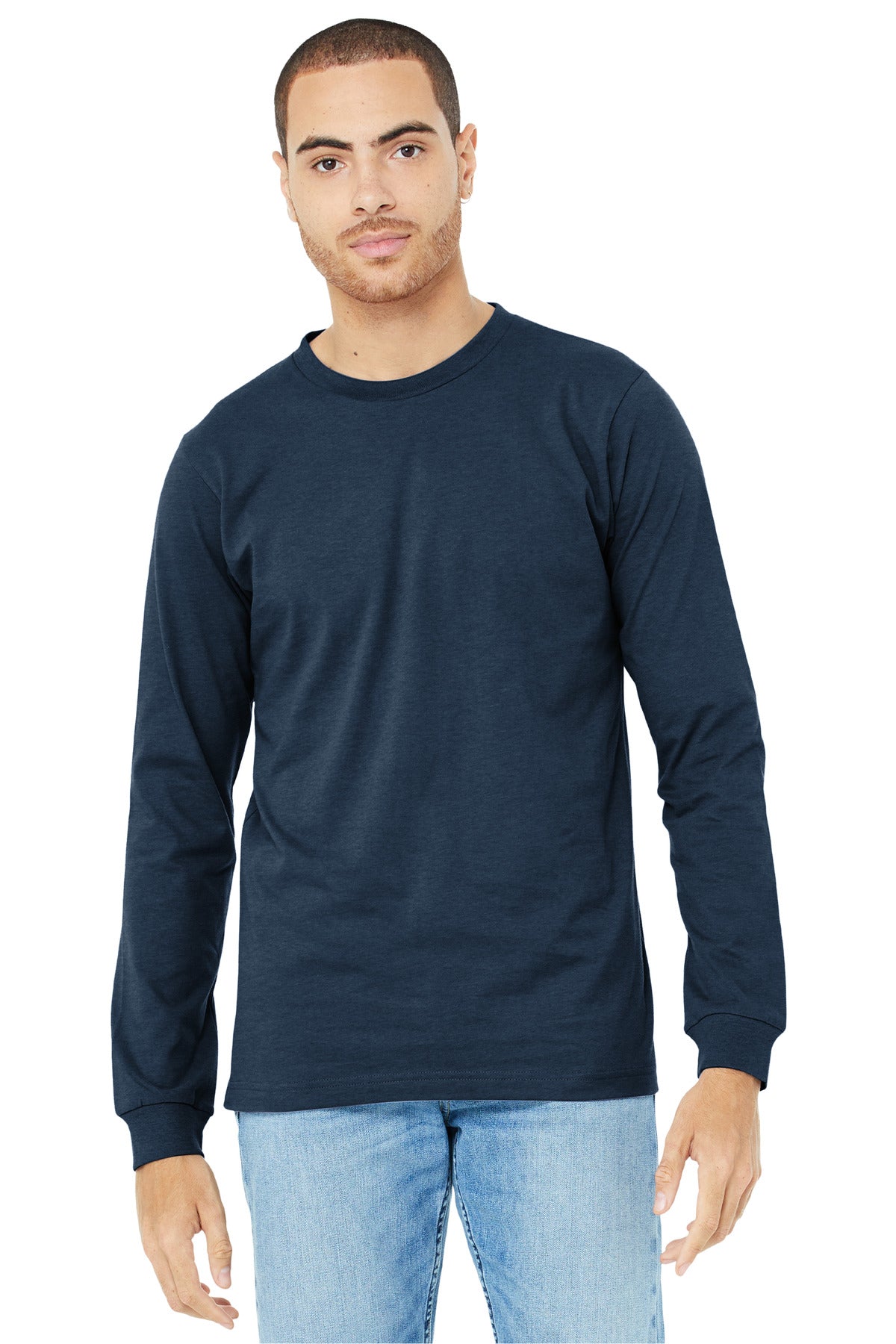 Retail fit Tear-away label Side seamed Ribbed cuffs Heather  - Heather Navy