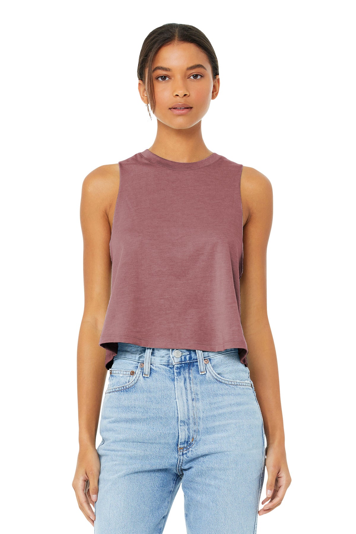 Relaxed fit Tear-away label Side seamed Raw edge armholes 3. - Heather Mauve