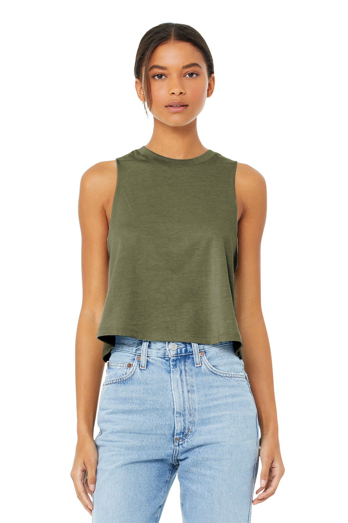 Relaxed fit Tear-away label Side seamed Raw edge armholes 3. - Heather Olive
