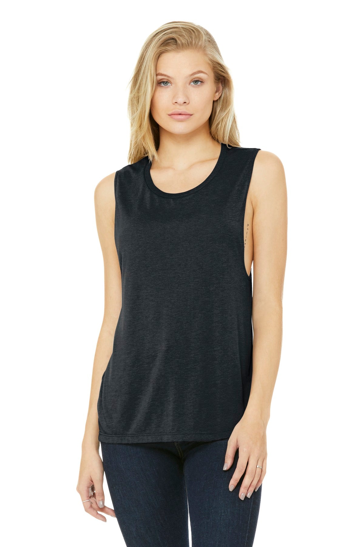 Relaxed drapey fit Tear-away label Side seamed Low-cut armho - Dark Grey Heather