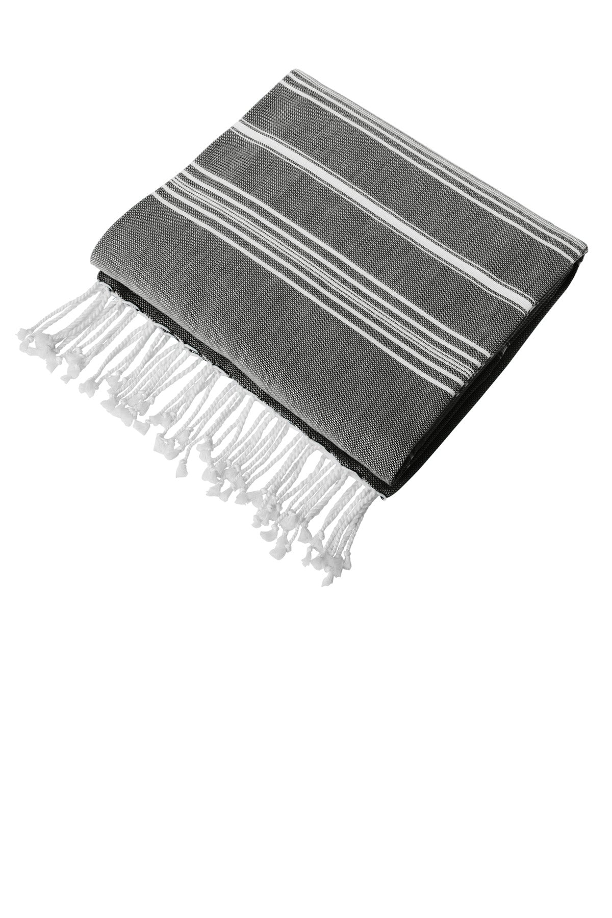 100% cottonYarn-dyed stripe patternWhite tasseled endsDimens - Deep Black/ White