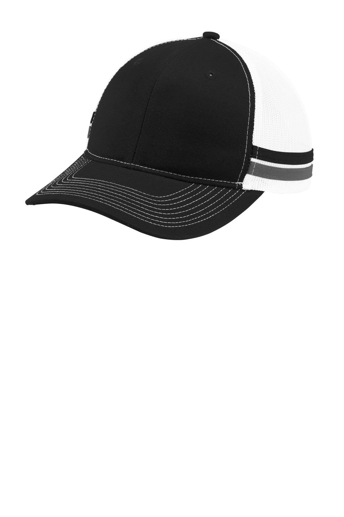 Fabric: 100% cotton twill front panels and stripes; 100% polyester mesh mid and back panelsStructure