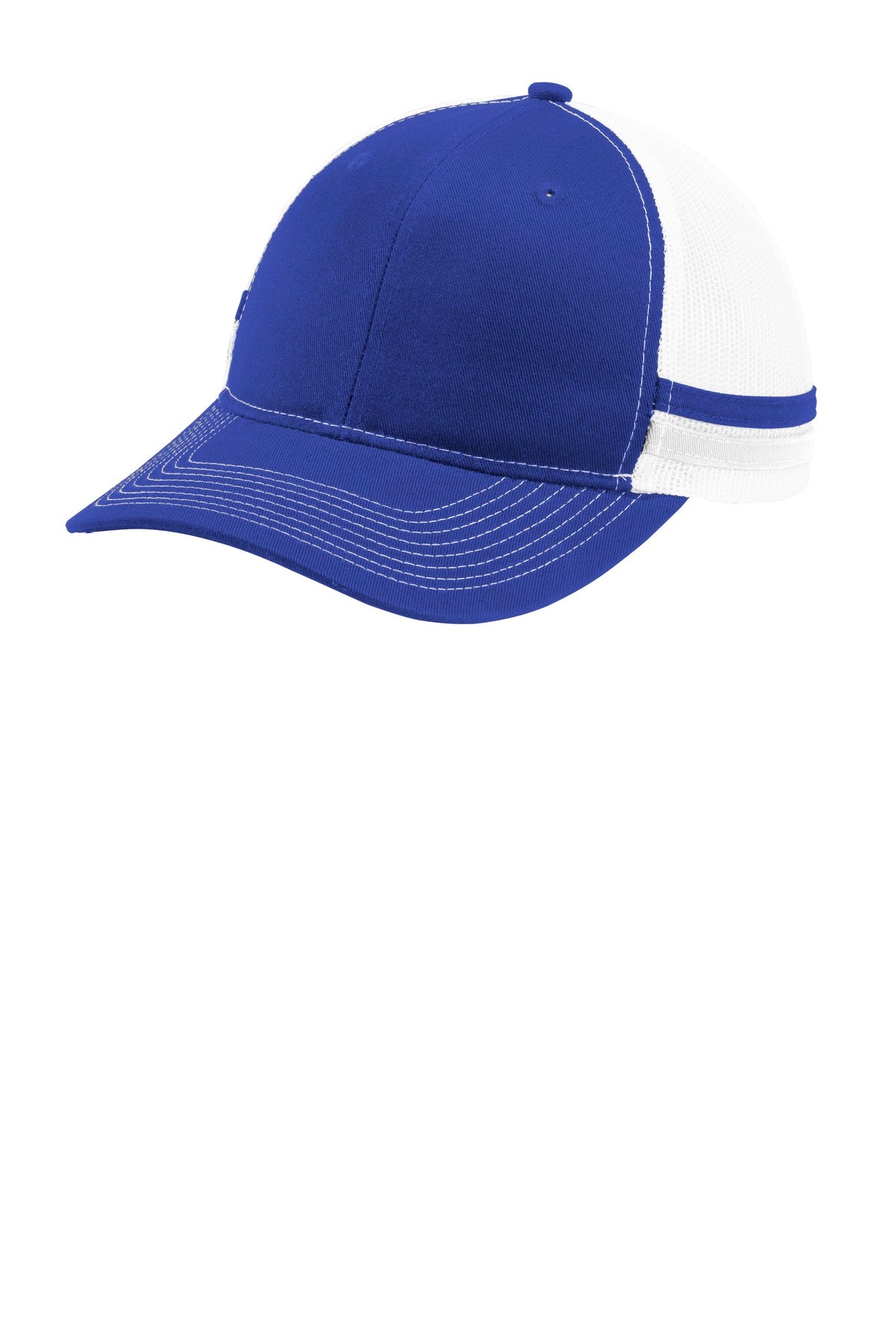 Fabric: 100% cotton twill front panels and stripes; 100% polyester mesh mid and back panelsStructure