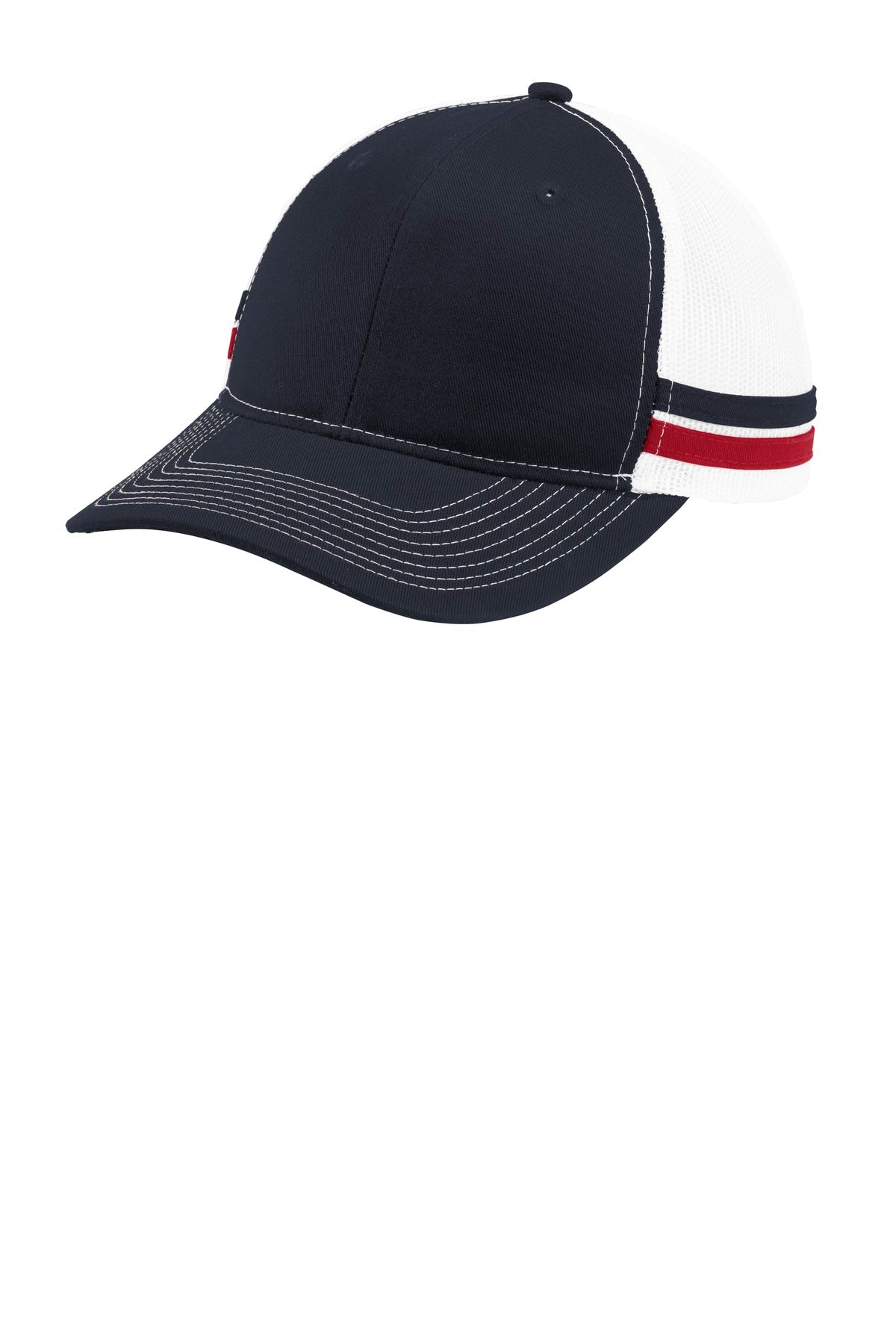 Fabric: 100% cotton twill front panels and stripes; 100% polyester mesh mid and back panelsStructure
