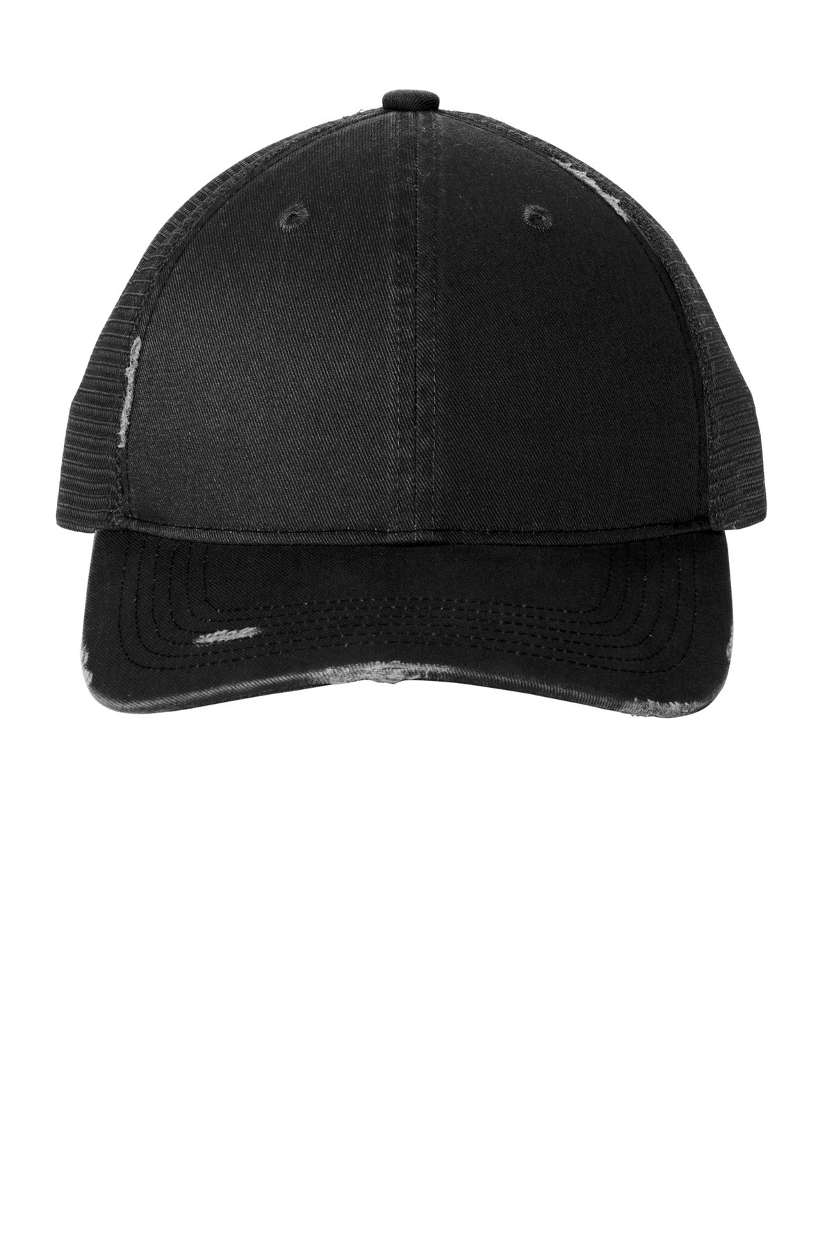 100% cotton twill front panels100% soft polyester mesh mid and back panelsDistressed edging at the b