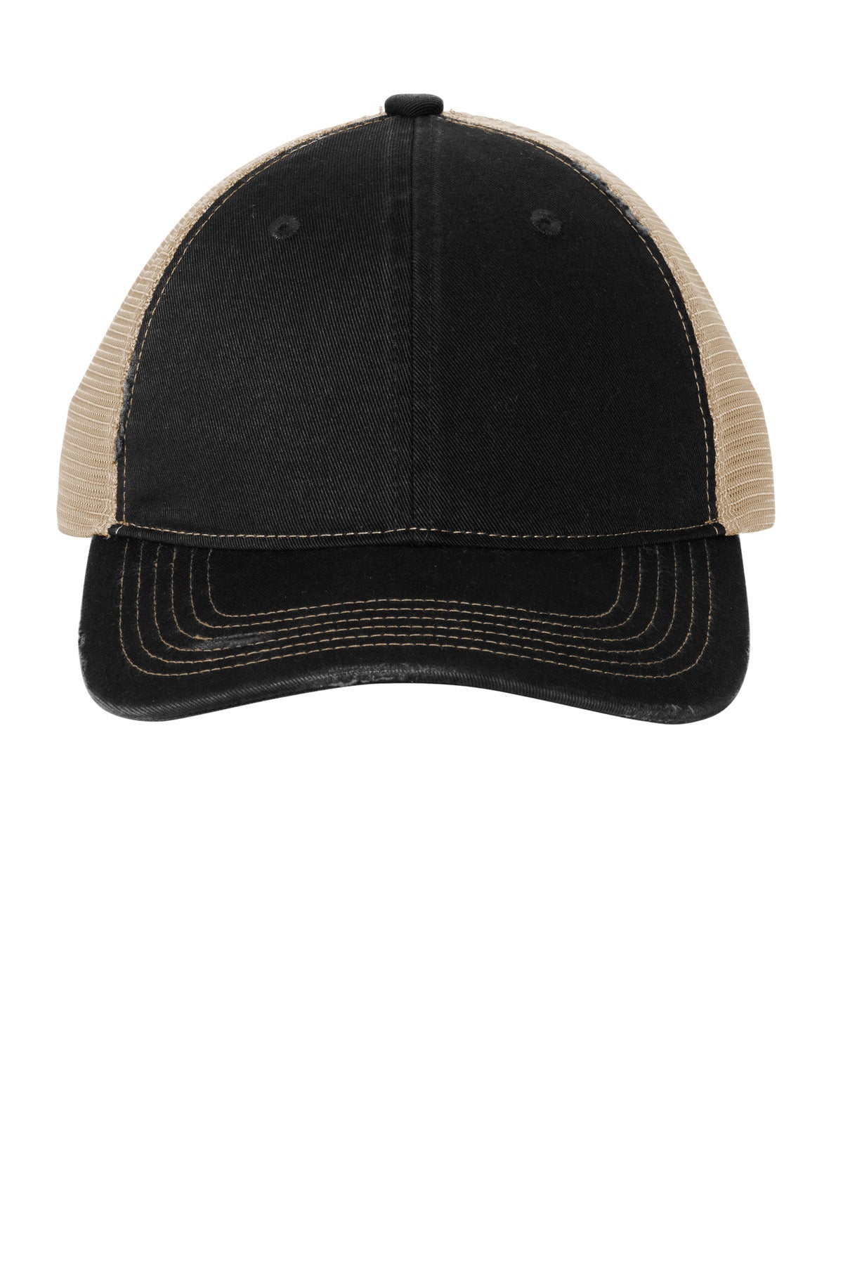 100% cotton twill front panels100% soft polyester mesh mid and back panelsDistressed edging at the b