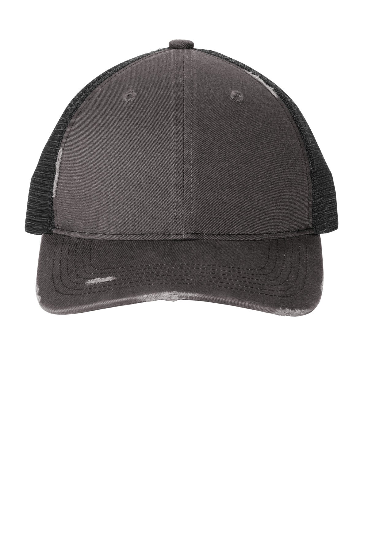 100% cotton twill front panels100% soft polyester mesh mid and back panelsDistressed edging at the b