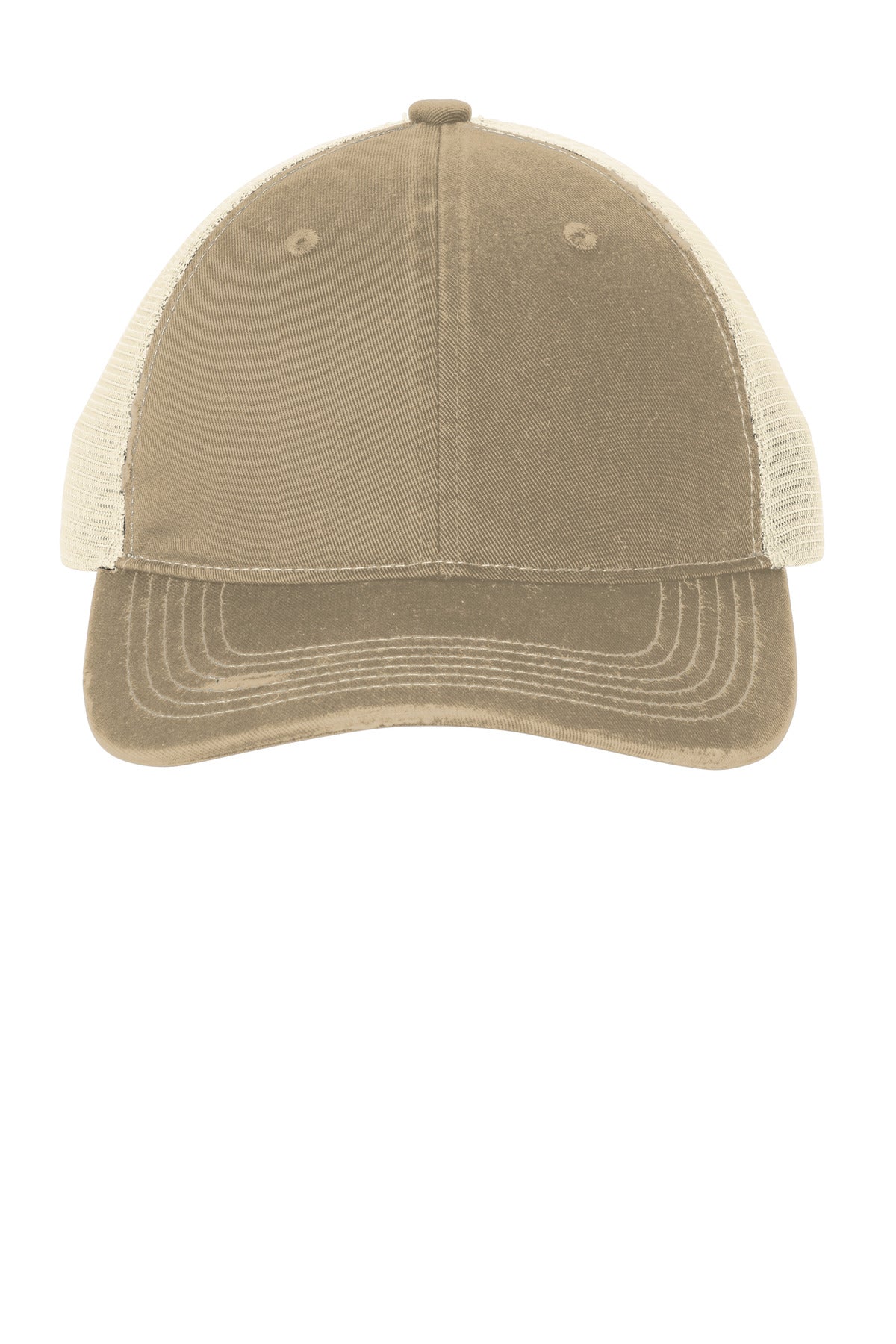 100% cotton twill front panels100% soft polyester mesh mid and back panelsDistressed edging at the b
