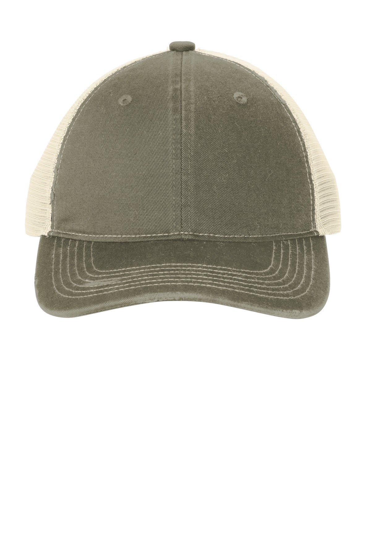 100% cotton twill front panels100% soft polyester mesh mid and back panelsDistressed edging at the b