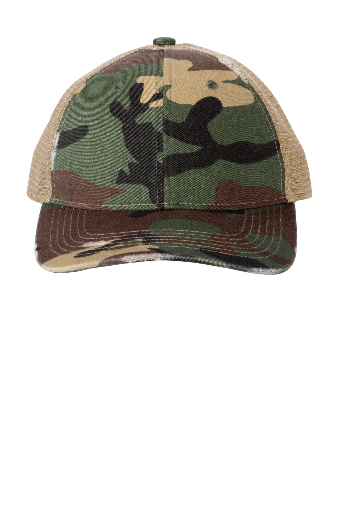 100% cotton twill front panels100% soft polyester mesh mid and back panelsDistressed edging at the b