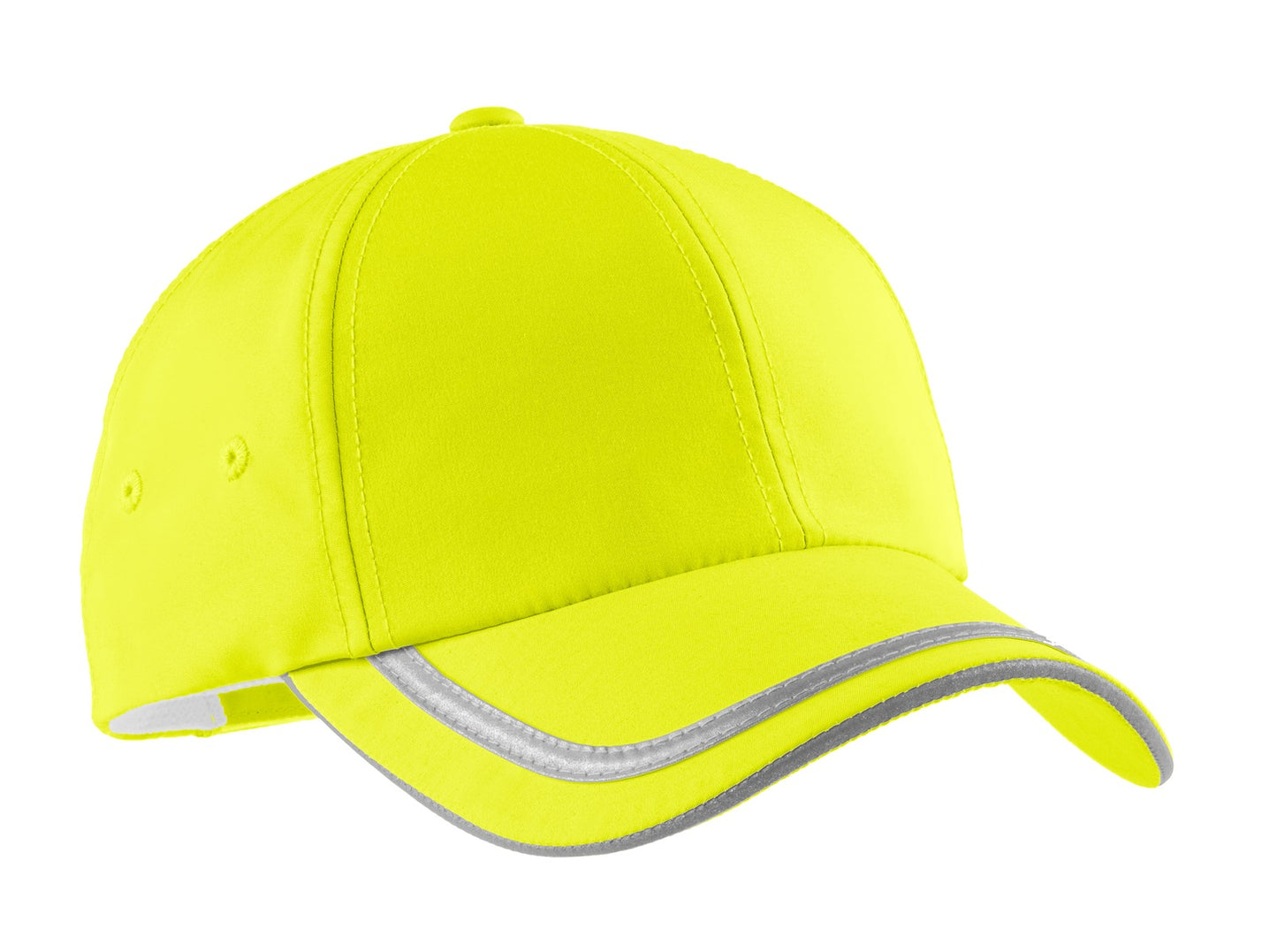 This cap has reflective taping in the sandwich top of bill back crown and closure. Features a moistu