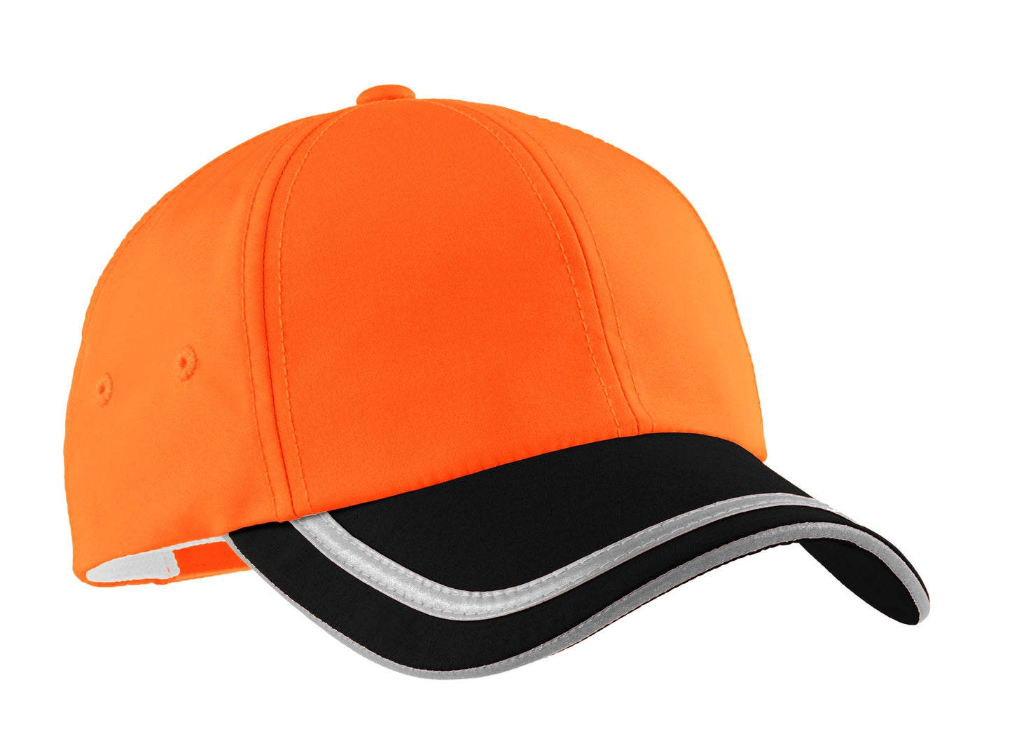 This cap has reflective taping in the sandwich top of bill back crown and closure. Features a moistu