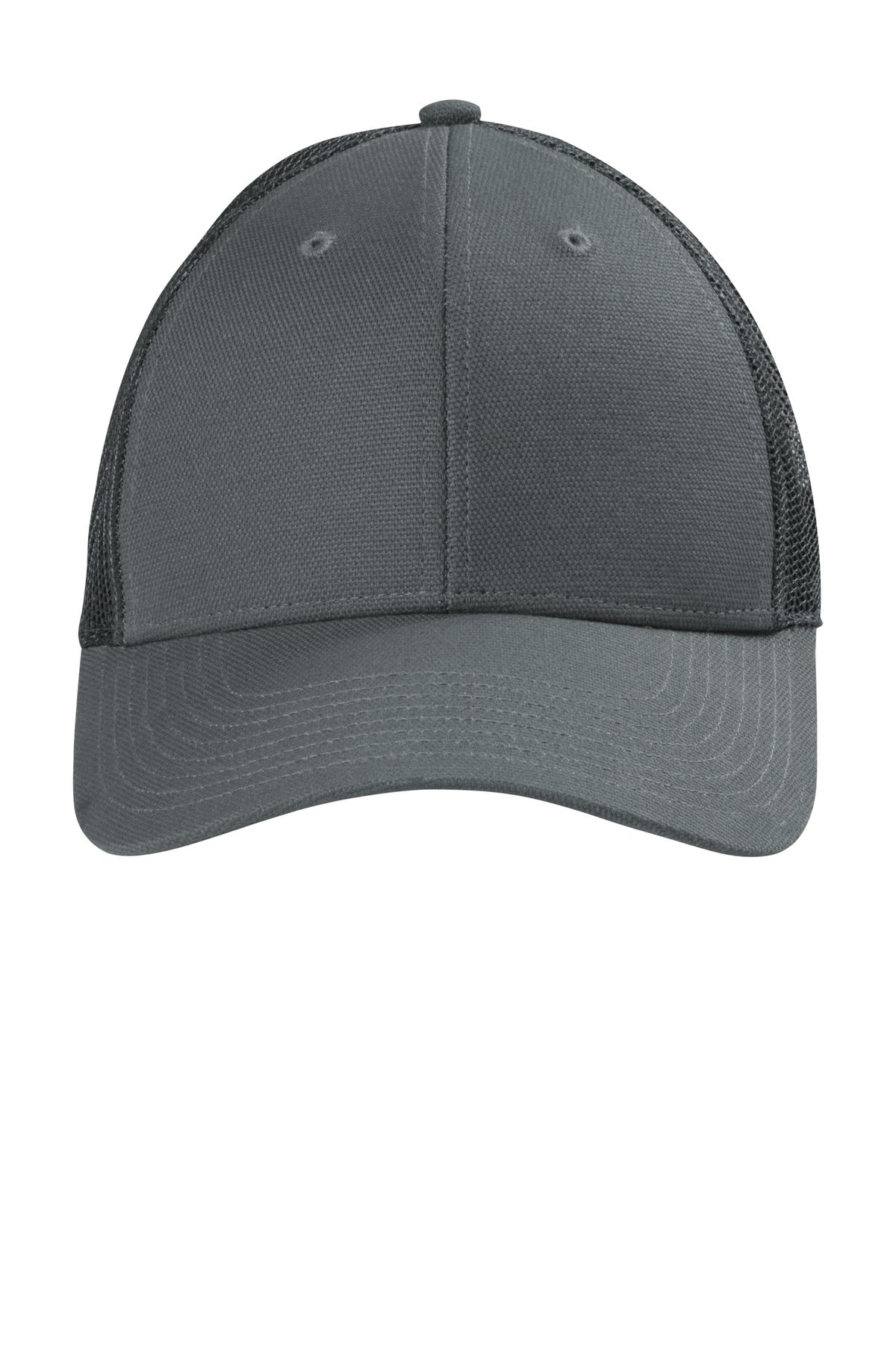 Fabric 100% cotton canvas bill and front two panels; 100% polyester woven mesh mid and back panels S