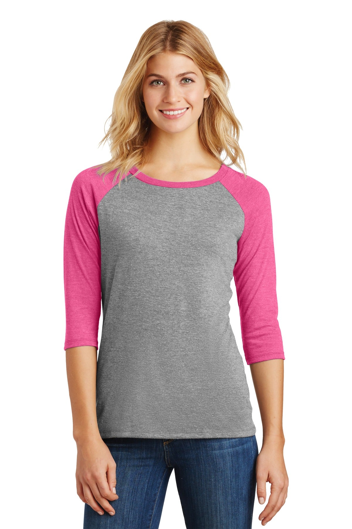 A classic raglan perfectly created with tri-blend yarns. 4.5 - Fuchsia Frost/ Grey Frost