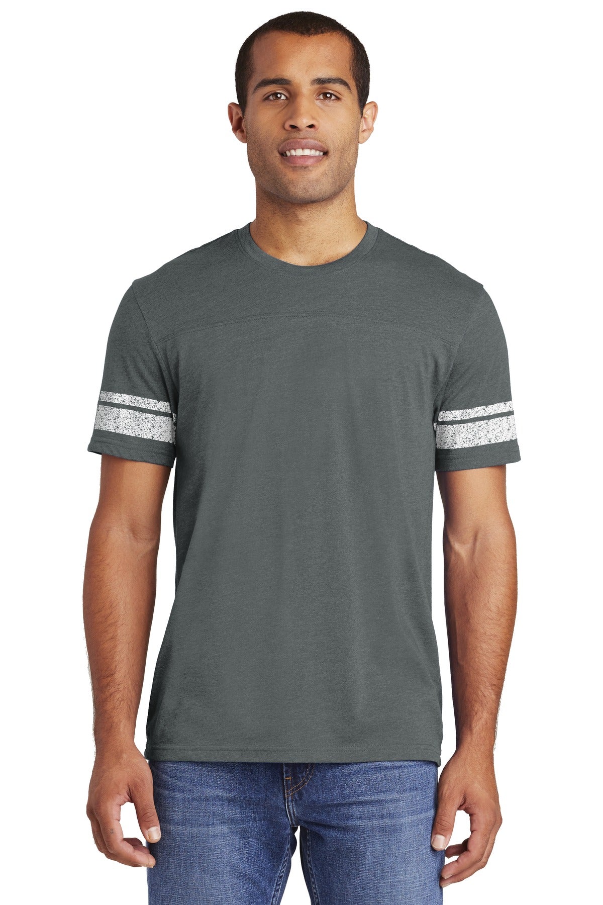 This tee has a retro game-day inspired look. 4.5-ounce 60/40 - Heathered Charcoal/ White