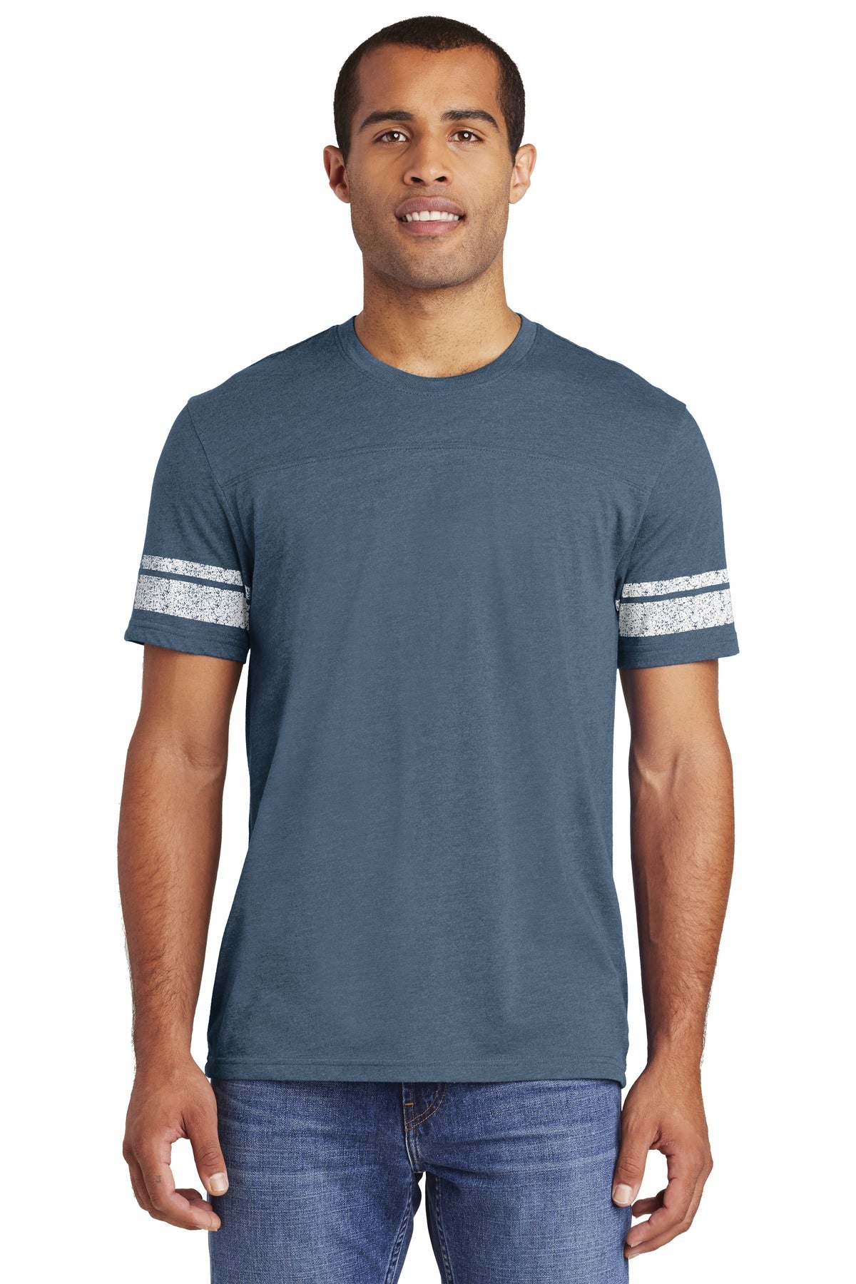 This tee has a retro game-day inspired look. 4.5-ounce 60/40 - Heathered True Navy/ White