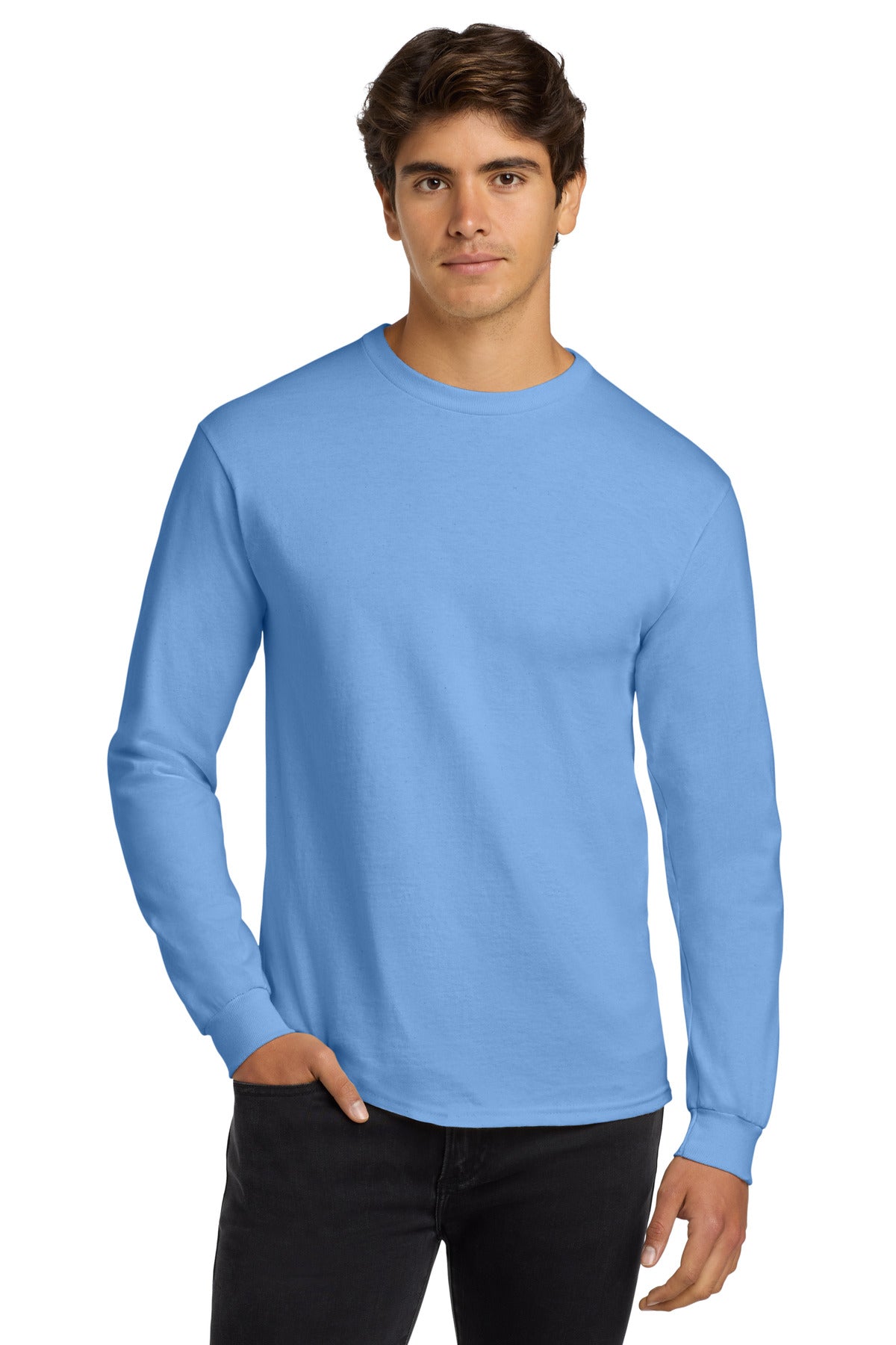 6-ounce 100% US cotton50/50 cotton/poly (Dark heather Safety - Carolina Blue