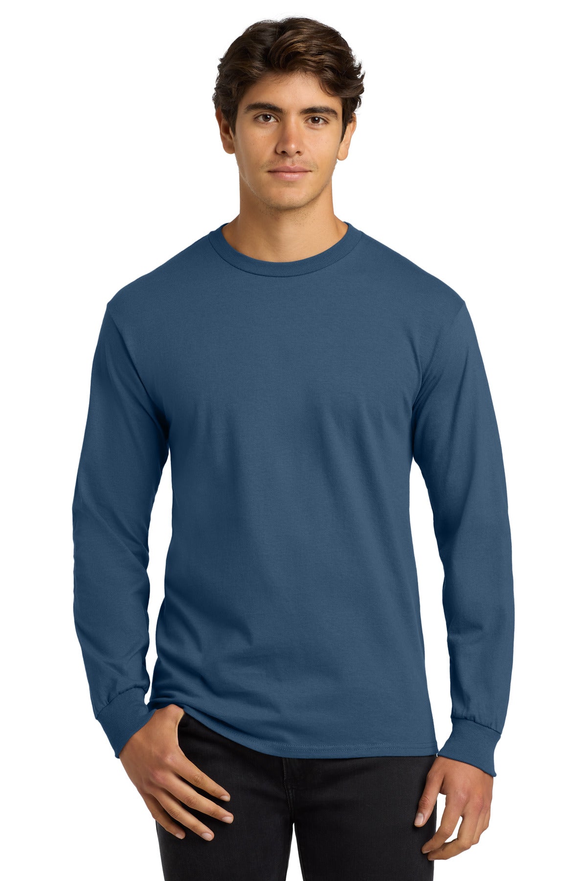 6-ounce 100% US cotton50/50 cotton/poly (Dark heather Safety - Indigo Blue