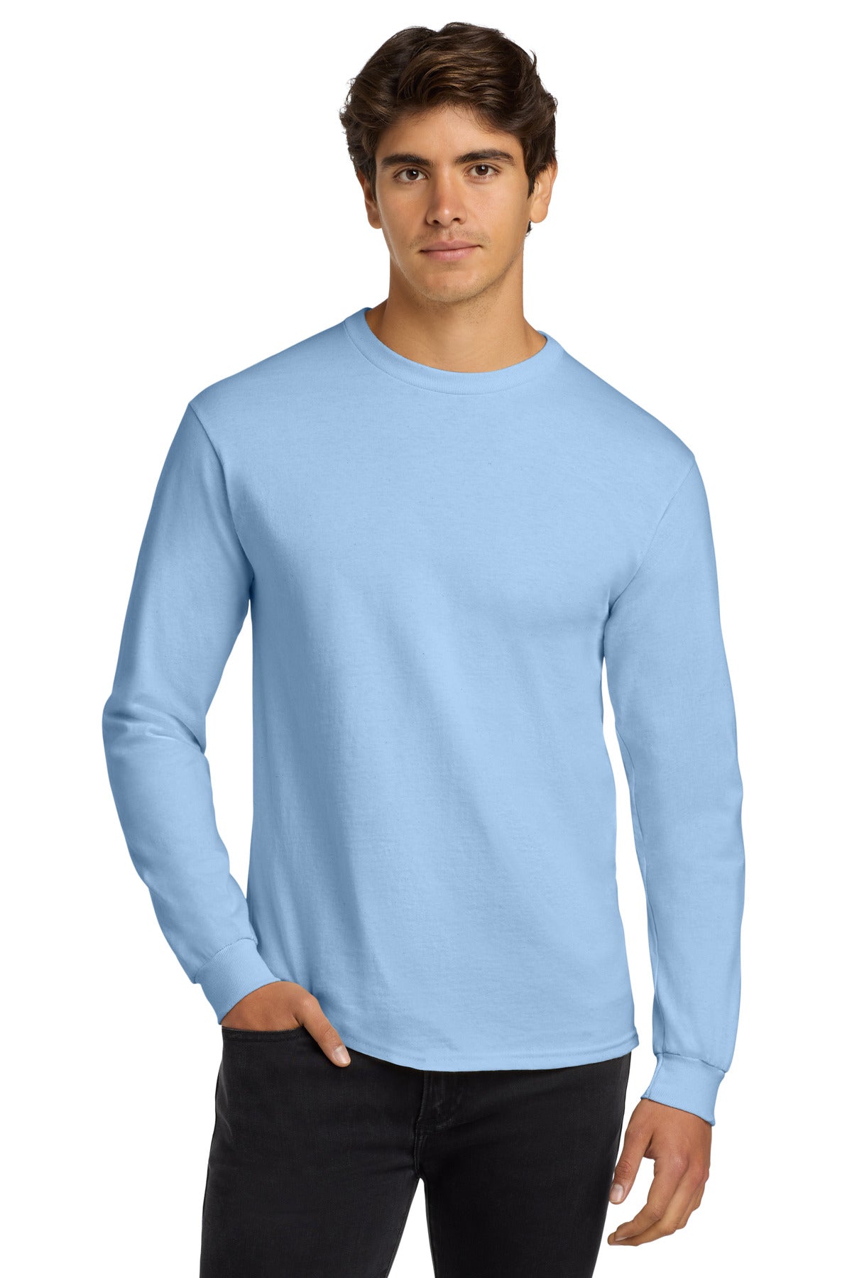 6-ounce 100% US cotton50/50 cotton/poly (Dark heather Safety - Light Blue