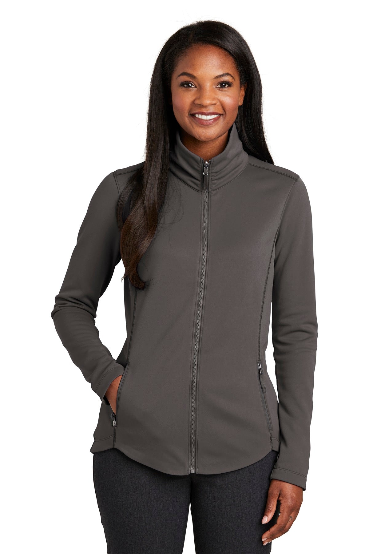 A smooth face brushed back and contrast coverstitching make  - Graphite