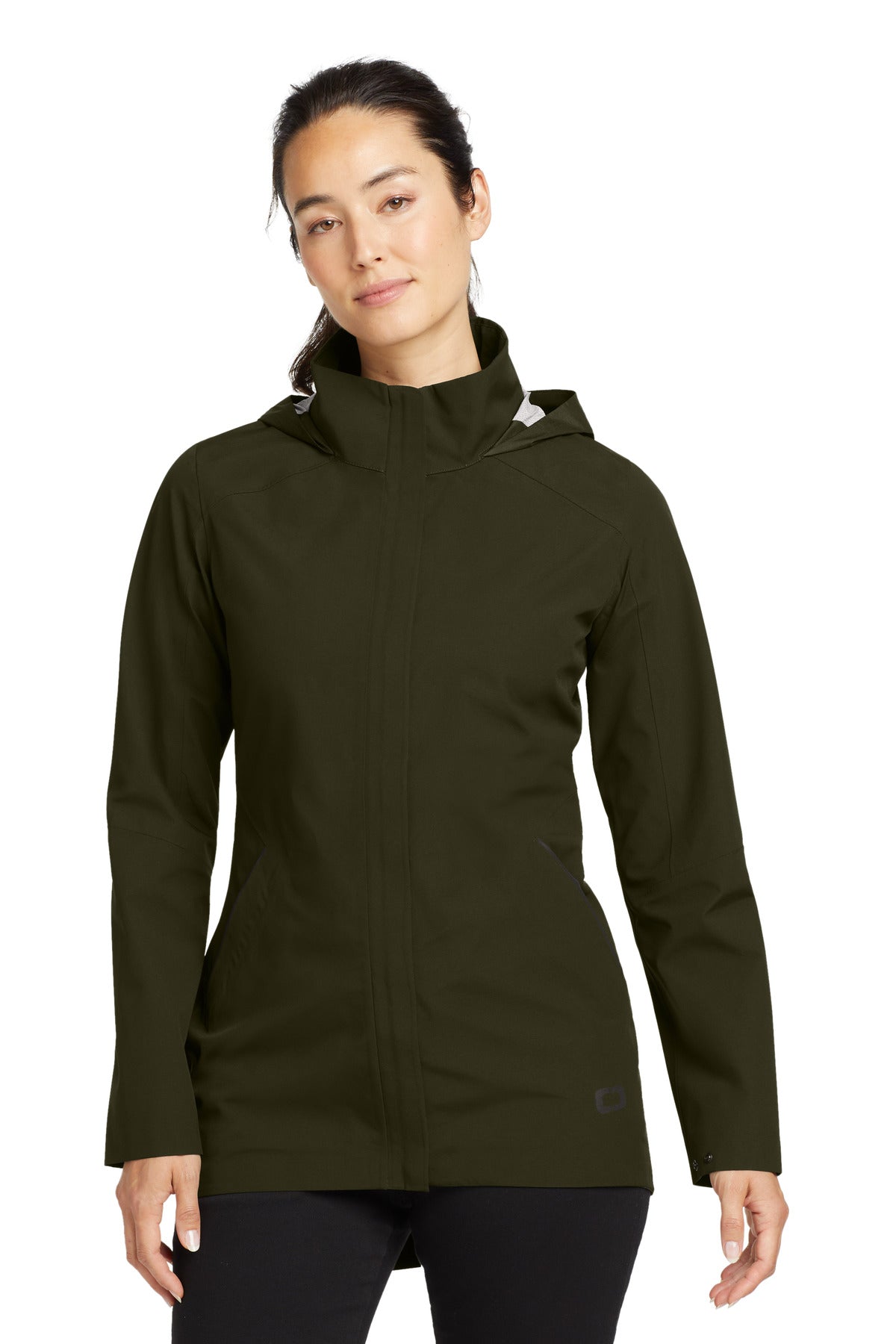 This parka-length fully seam-sealed jacket is sleek modern a - Drive Green