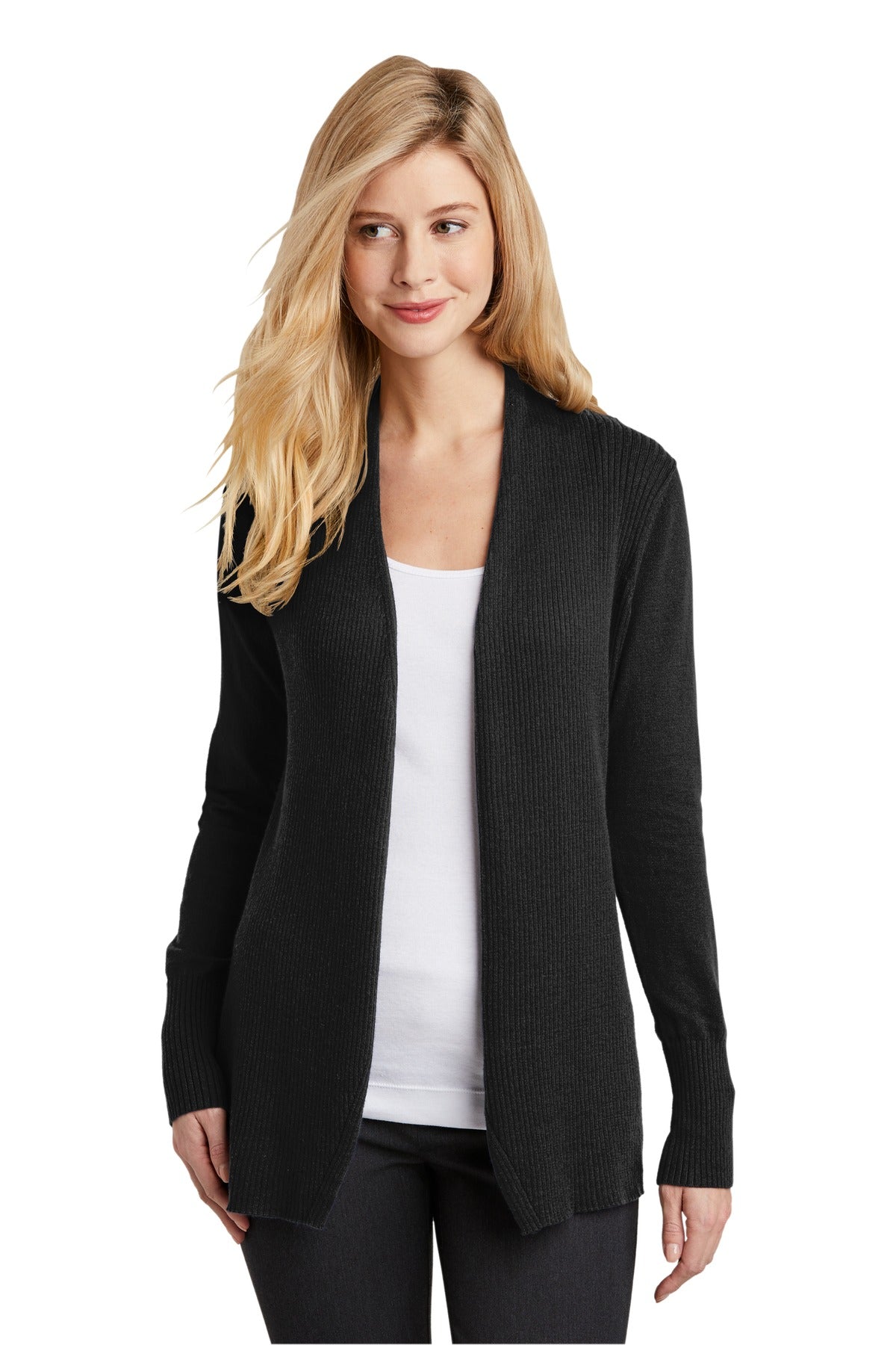 This soft cozy cardigan sweater has a flattering drape and f - Black